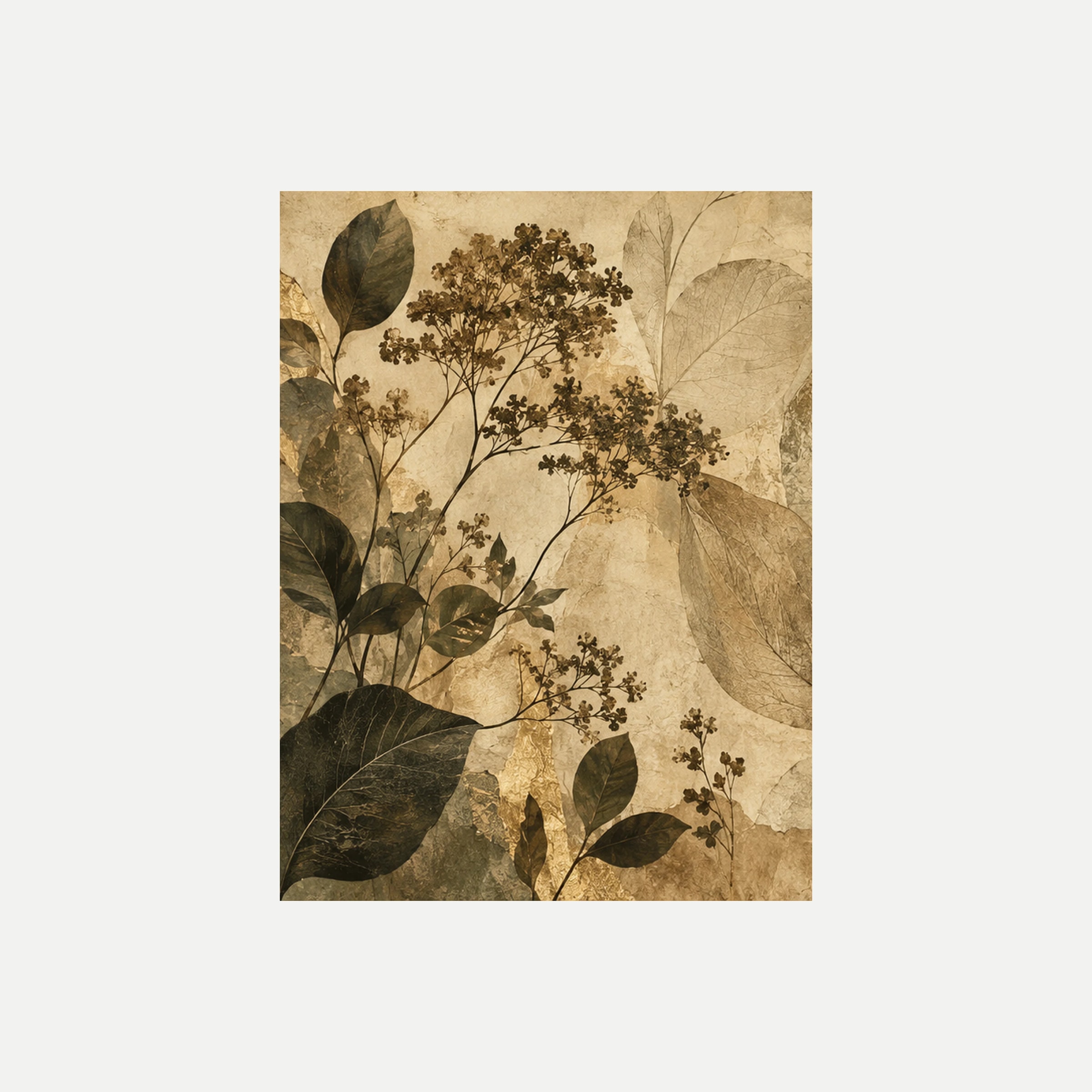 Sepia Garden I: ramas de pequeñas flores marrones sobre grandes hojas verde oliva y fondo beige, sin marco, sobre fondo neutro.
