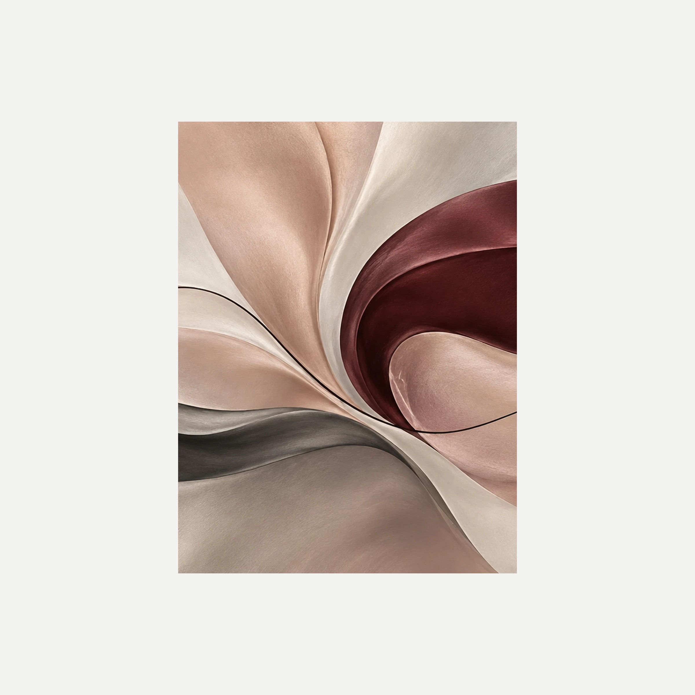 Satin Field II: pliegues rosa y marfil que convergen junto a una curva granate, sin marco, sobre fondo neutro.