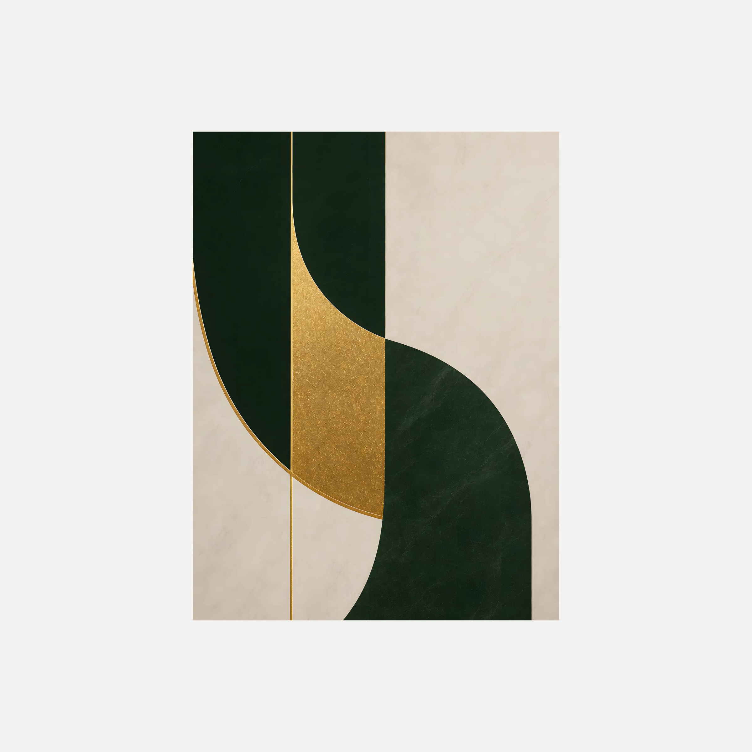 Architect's Orbit I: una curva verde bosque y un plano de tono dorado sobre crema, sin marco, sobre fondo neutro.