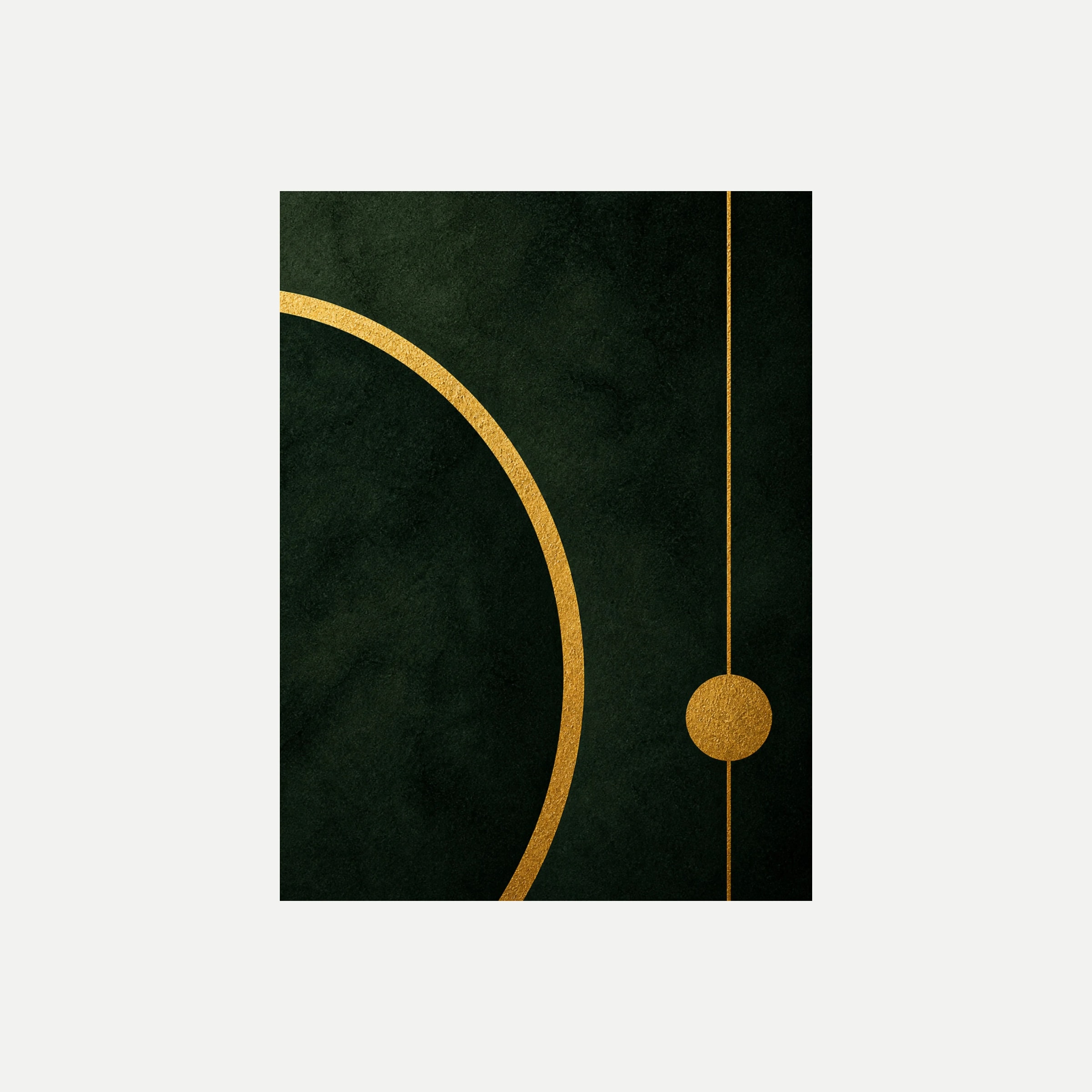 Kintsugi Axis I: un arco de tono dorado y un pequeño círculo sobre verde oscuro, sin marco, sobre fondo neutro.