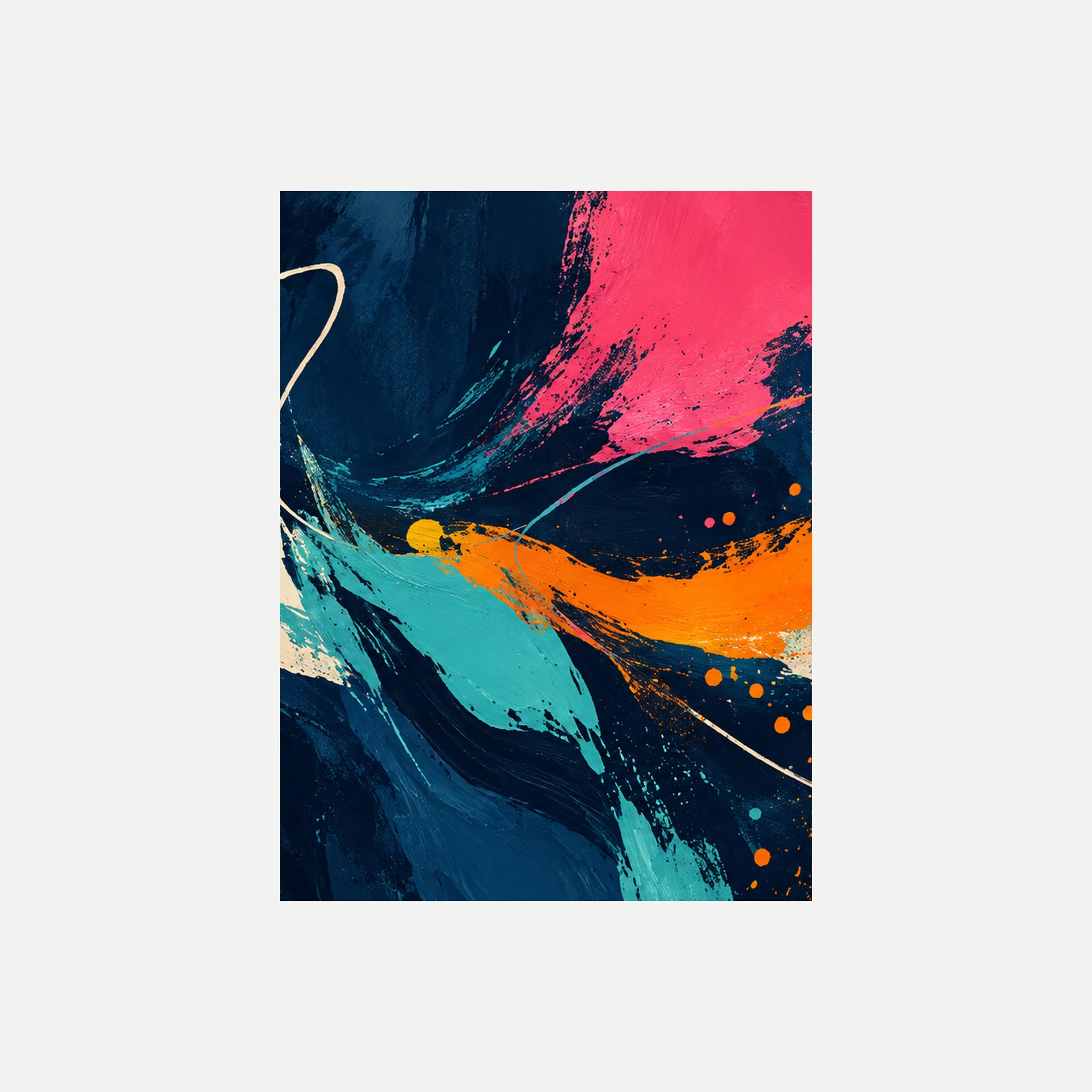 Mango And Ink II: una franja naranja y una diagonal turquesa entre manchas rosas sobre azul oscuro, sin marco, sobre fondo neutro.