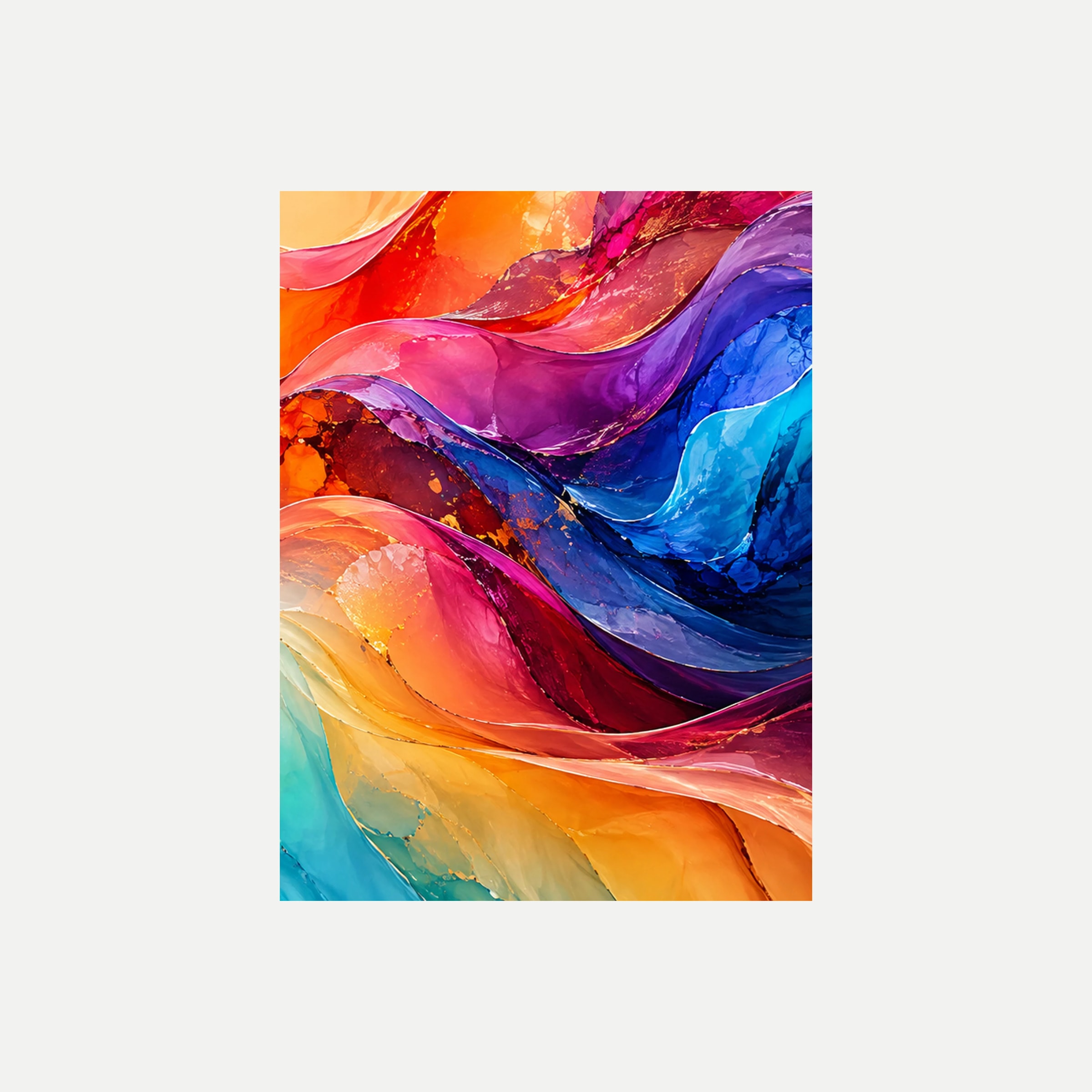 Prism Tides III: ondas naranjas y rosas que se cruzan con amplias capas violetas y azules, sin marco, sobre fondo neutro.