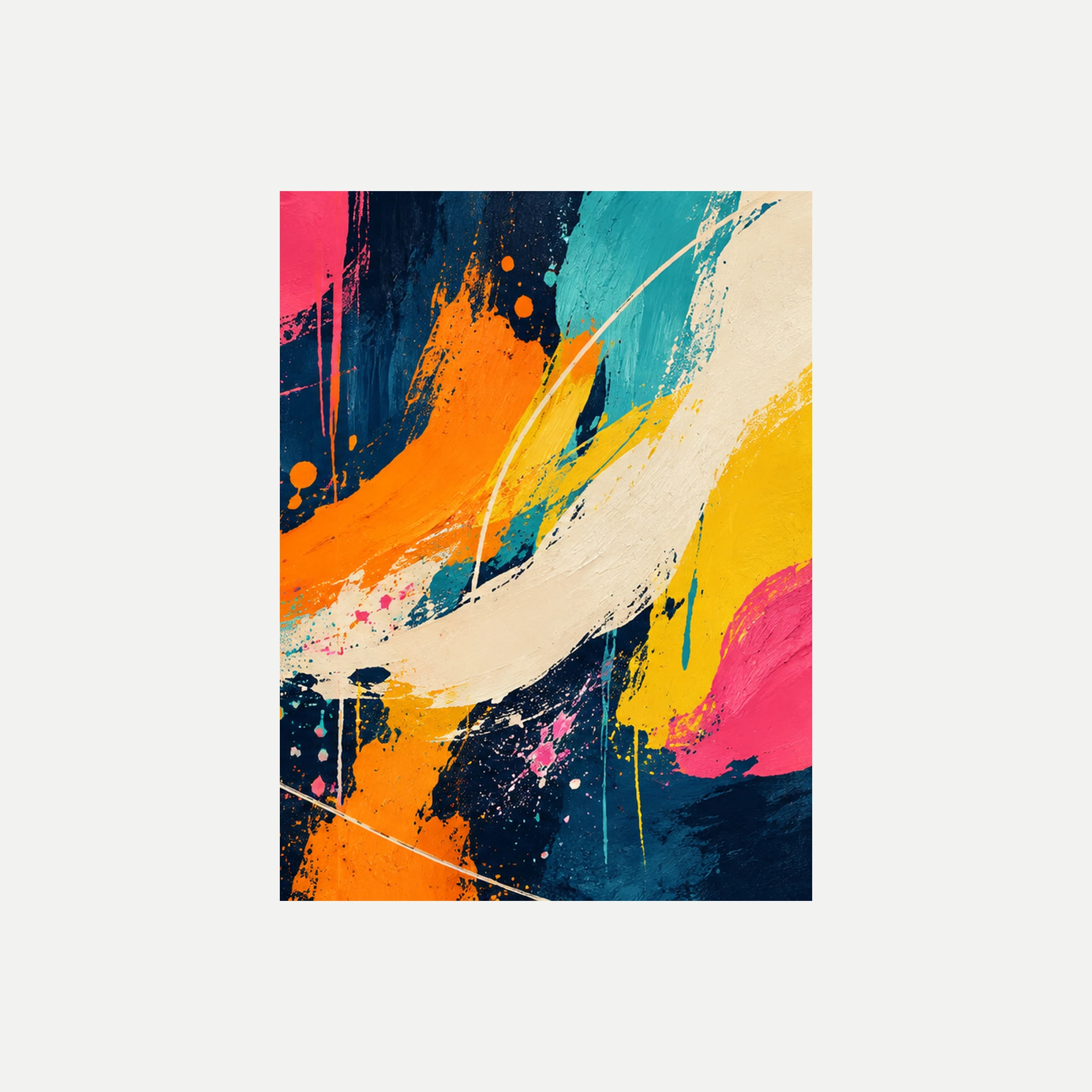 Mango And Ink III: una diagonal crema entre grandes trazos naranjas y turquesas con detalles rosas, sin marco, sobre fondo neutro.
