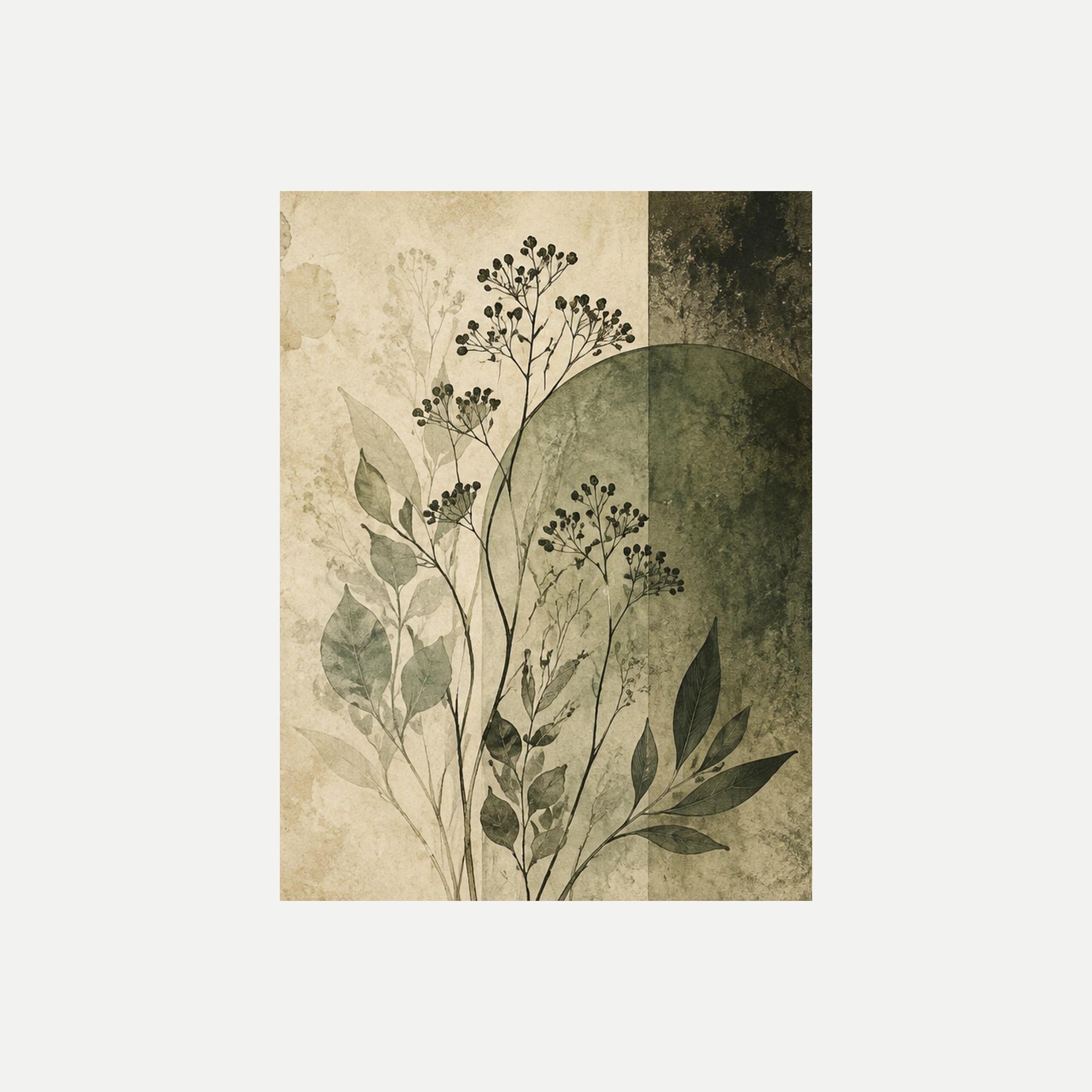 Olive Etching II: tallos finos de pequeñas flores y hojas verdes sobre un gran círculo verde apagado, sin marco, sobre fondo neutro.