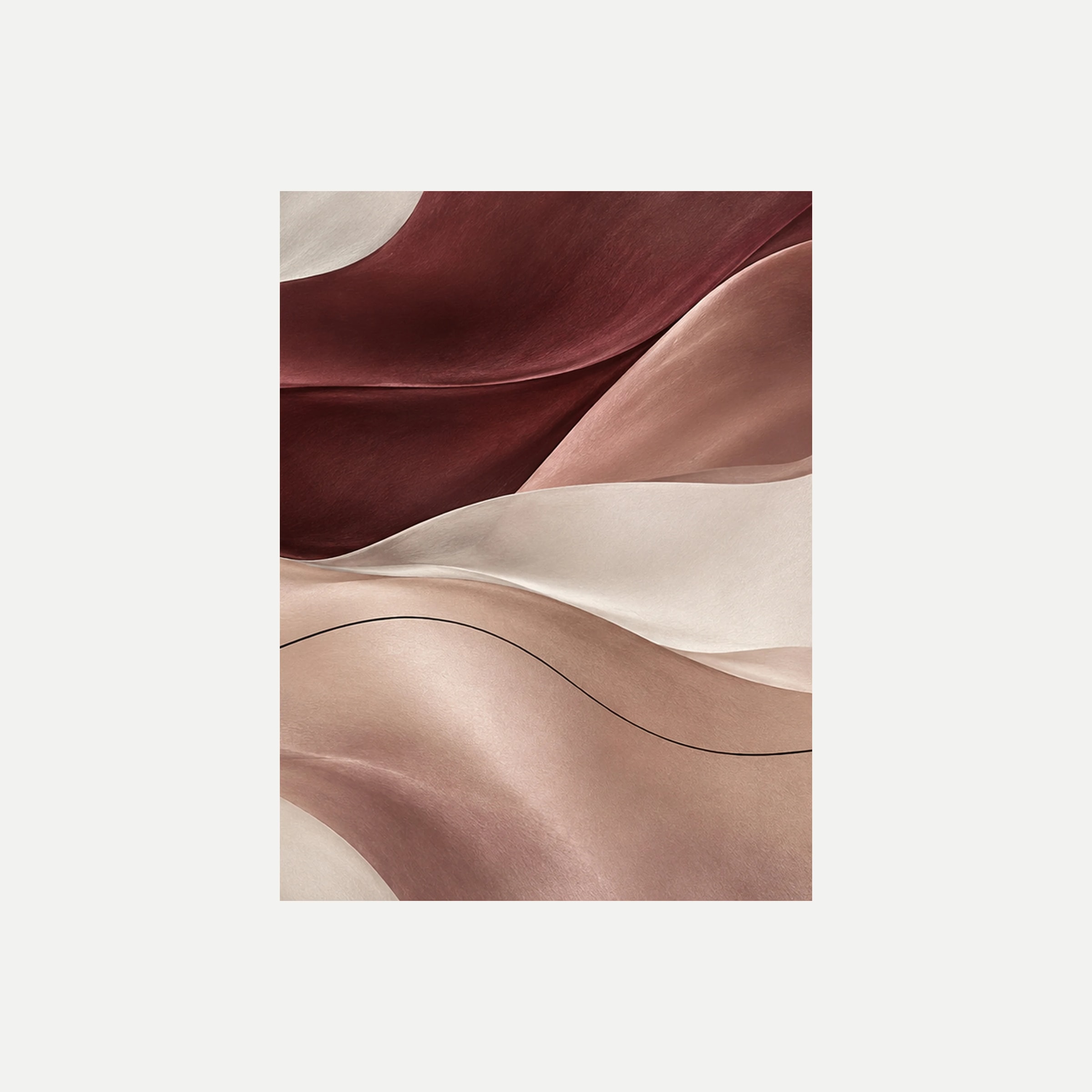 Satin Field III: bandas granate superiores sobre curvas suaves rosa y crema, sin marco, sobre fondo neutro.