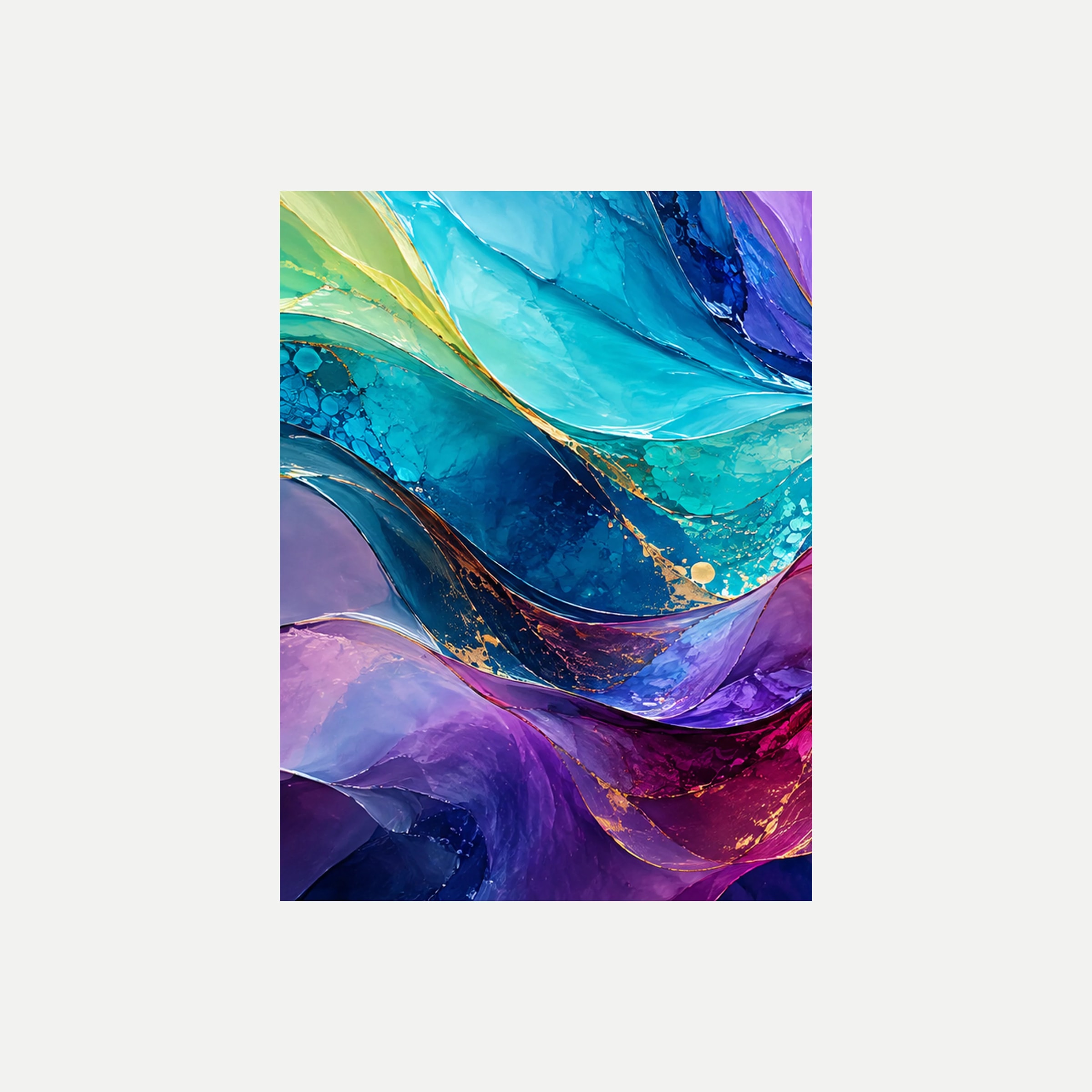 Prism Tides I: capas curvas turquesas y azules entre una zona verde superior y ondas violetas, sin marco, sobre fondo neutro.