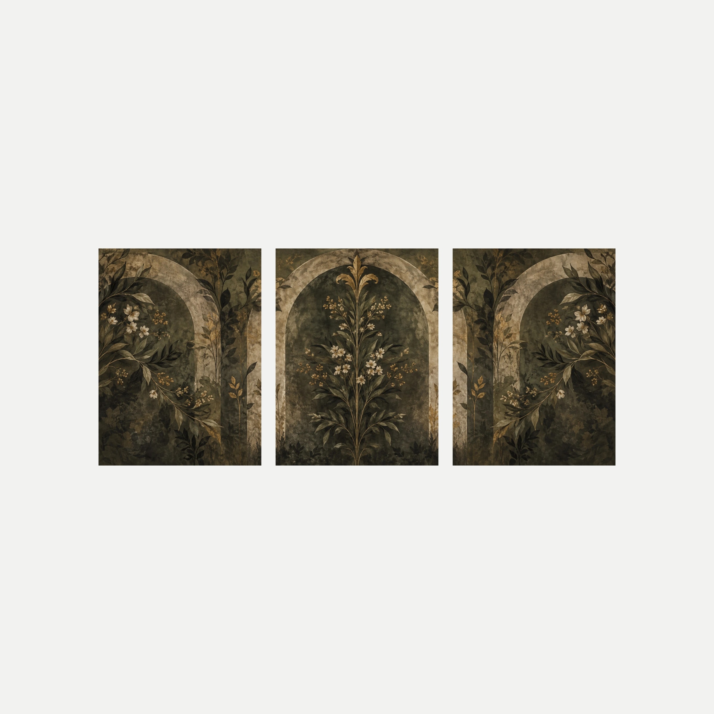 Tres paneles sobre fondo neutro con ramas, hojas oscuras y pequeñas flores crema dentro de arcos en tonos oliva, marrón y ocre.