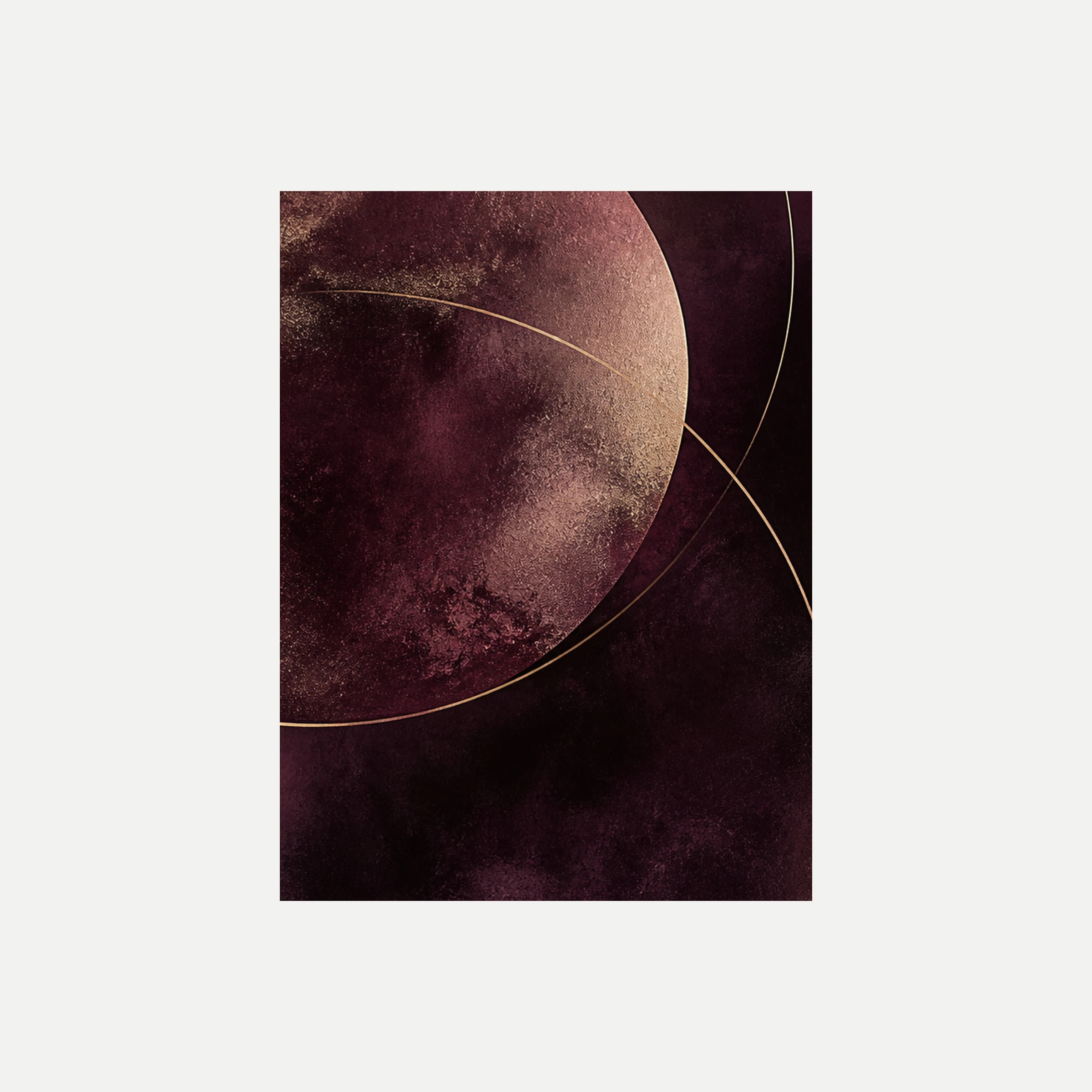 Velvet Moon I: un gran círculo de color vino cortado por finas líneas orbitales, sin marco, sobre fondo neutro.