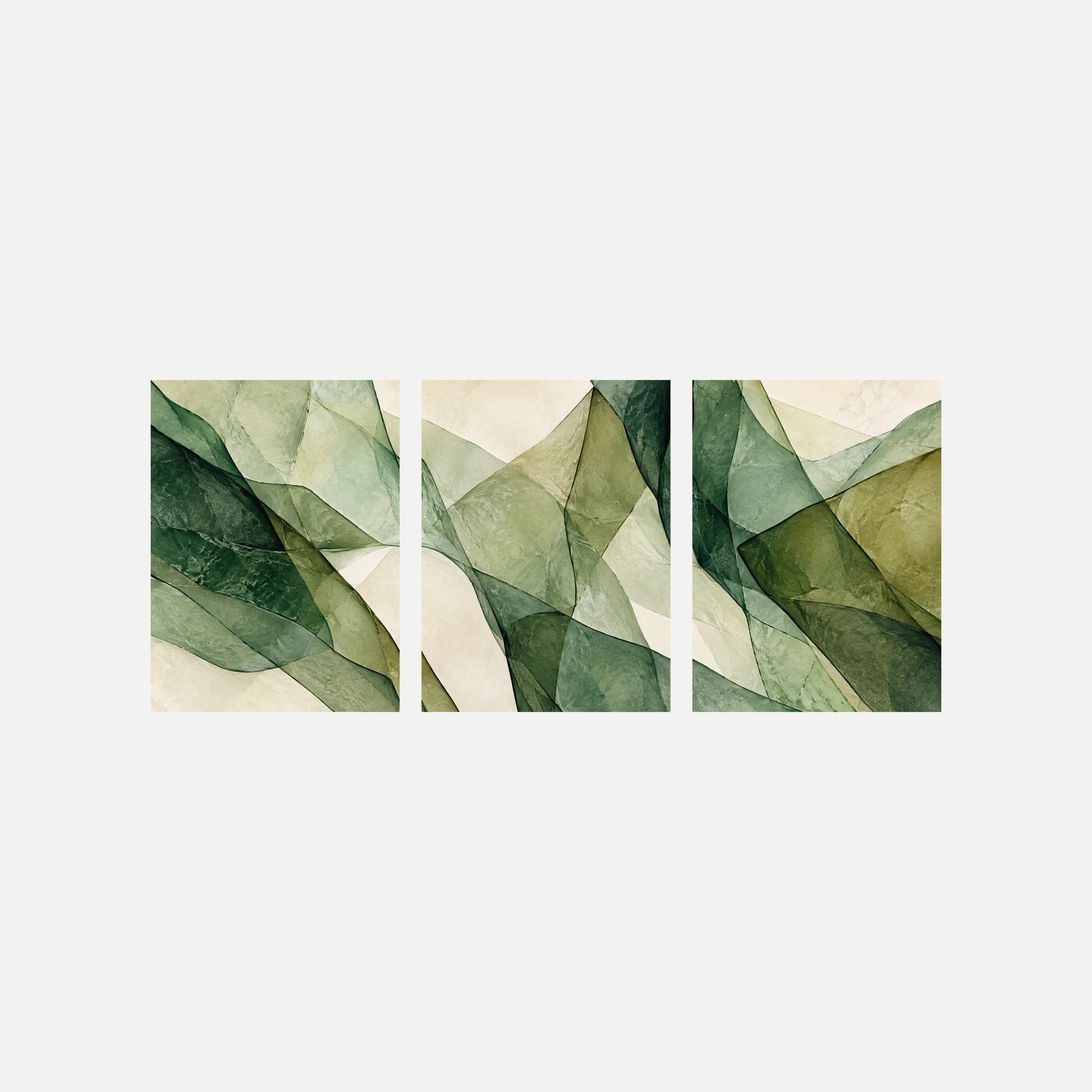 Tres paneles sobre fondo neutro con planos curvos superpuestos en salvia, oliva y verde bosque sobre crema.