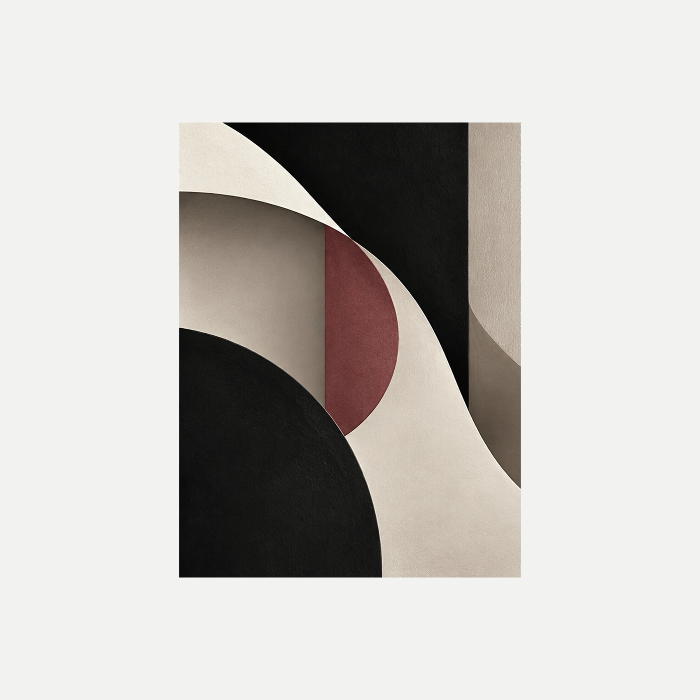 Monochrome Charm I: una gran curva negra junto a bandas marfil y un acento burdeos, sin marco, sobre fondo neutro.