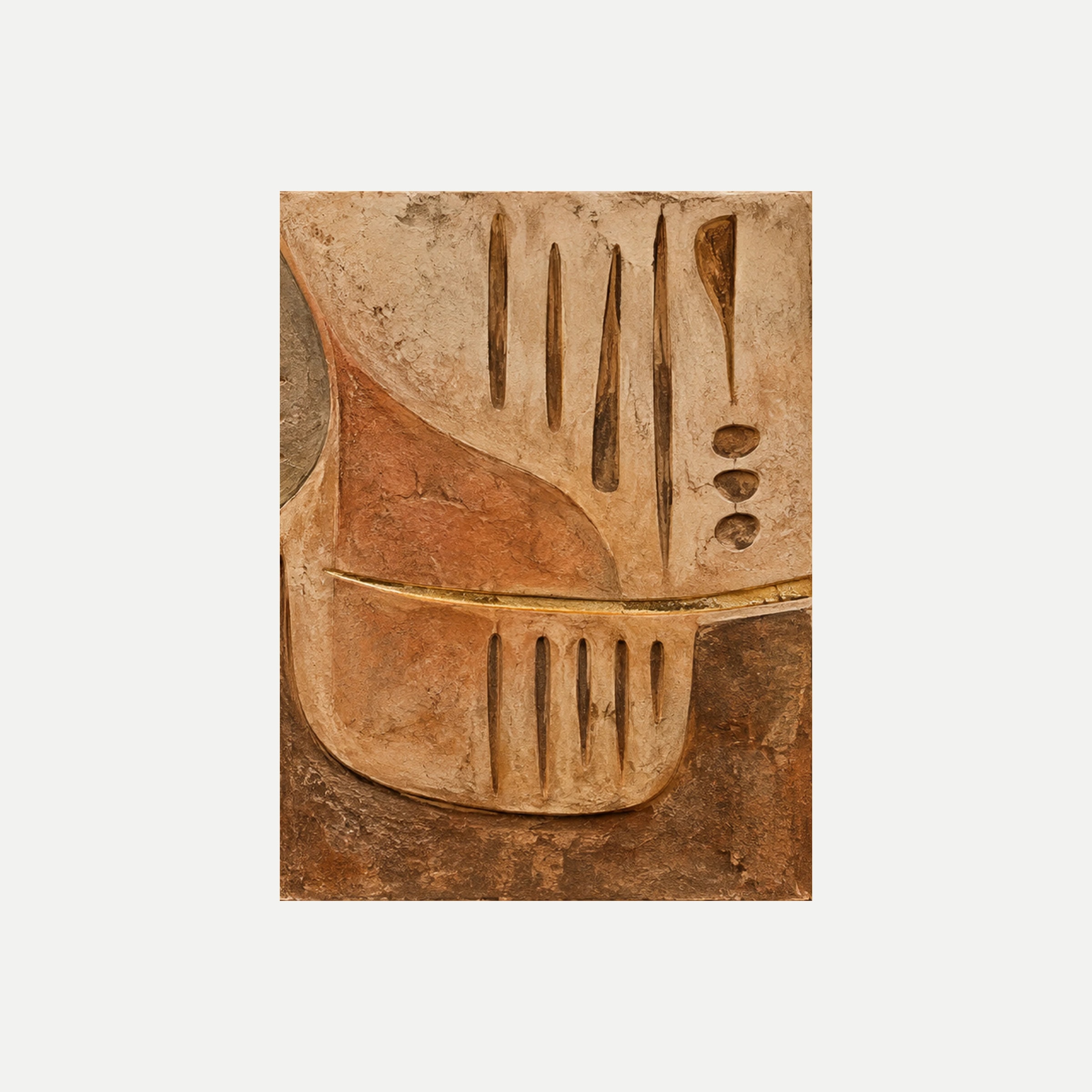 Símbolos de barro III: una gran forma crema con marcas verticales y puntos sobre una base rojiza curva, sin marco, sobre fondo neutro.