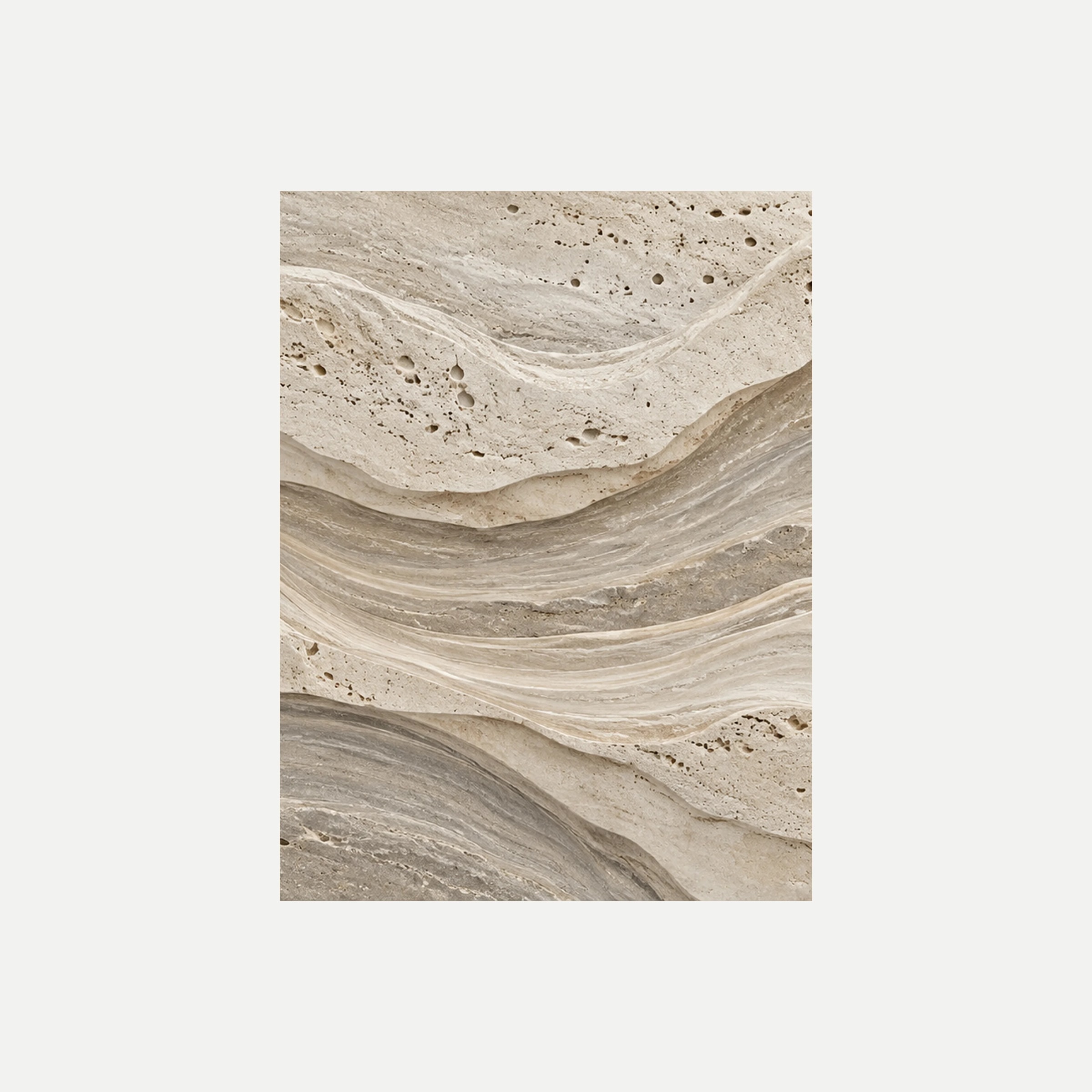 Travertine Current II: bandas minerales de curvas amplias que se hunden hacia el centro, sin marco, sobre fondo neutro.