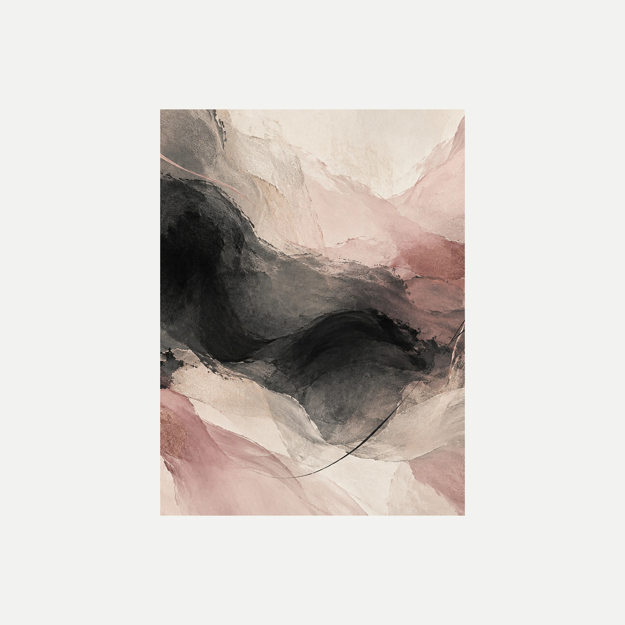 Blush And Ink II: una curva negra difusa que atraviesa un fondo rosa y marfil, sin marco, sobre fondo neutro.