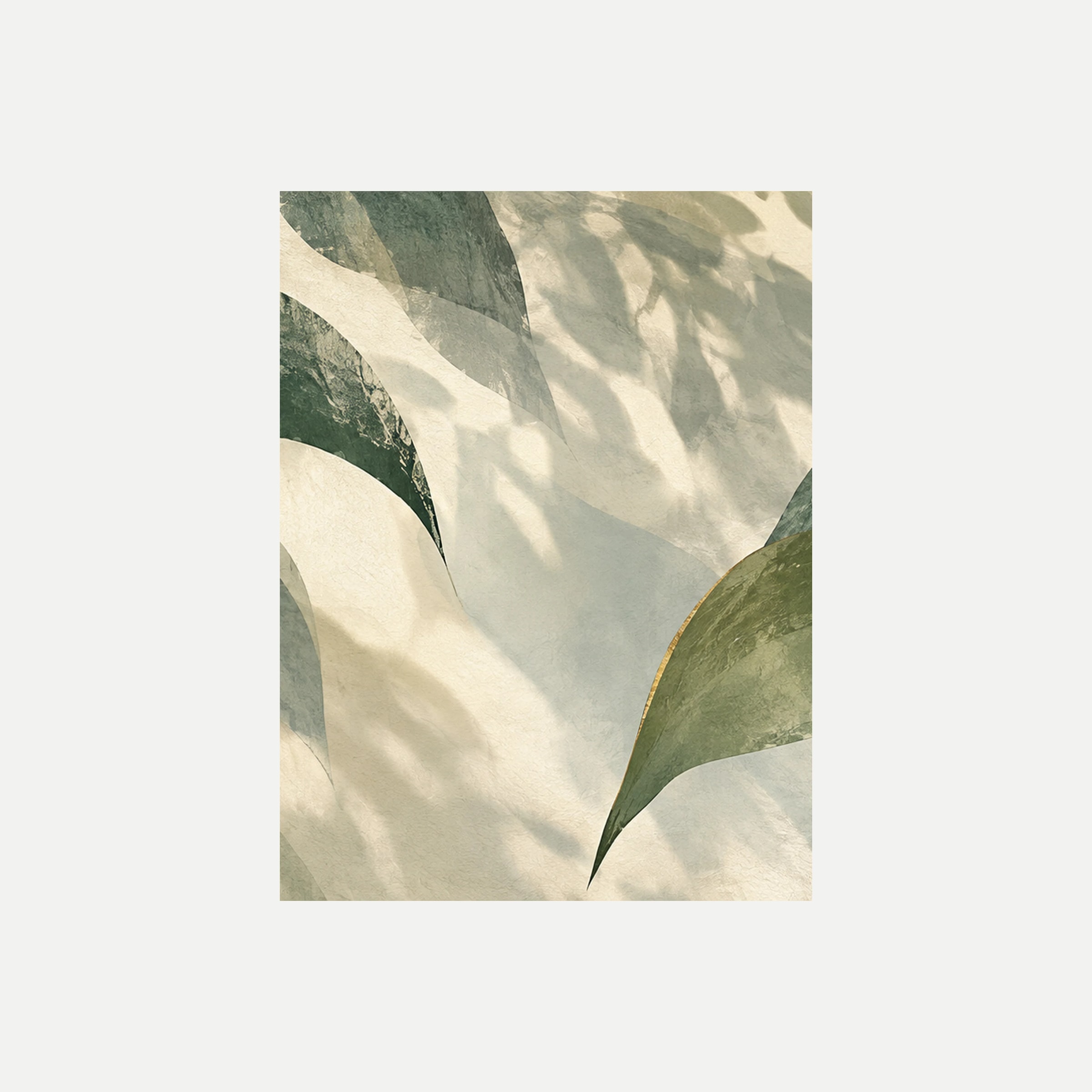 Jade Canopy II: una hoja verde alargada sobre siluetas claras y un fondo luminoso, sin marco, sobre fondo neutro.