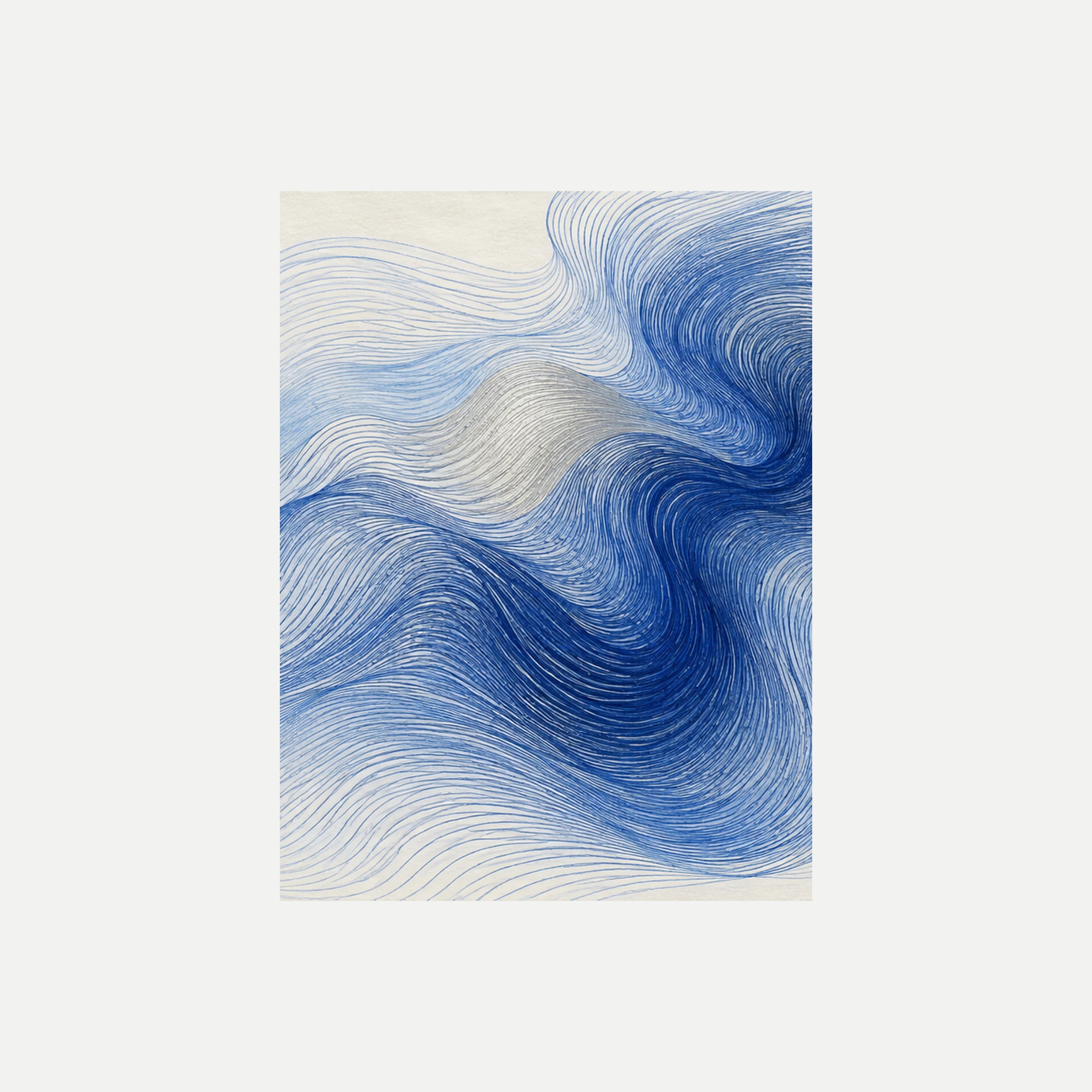 Blue Frequency III: dos remolinos de líneas azul intenso unidos por ondas más claras, sin marco, sobre fondo neutro.
