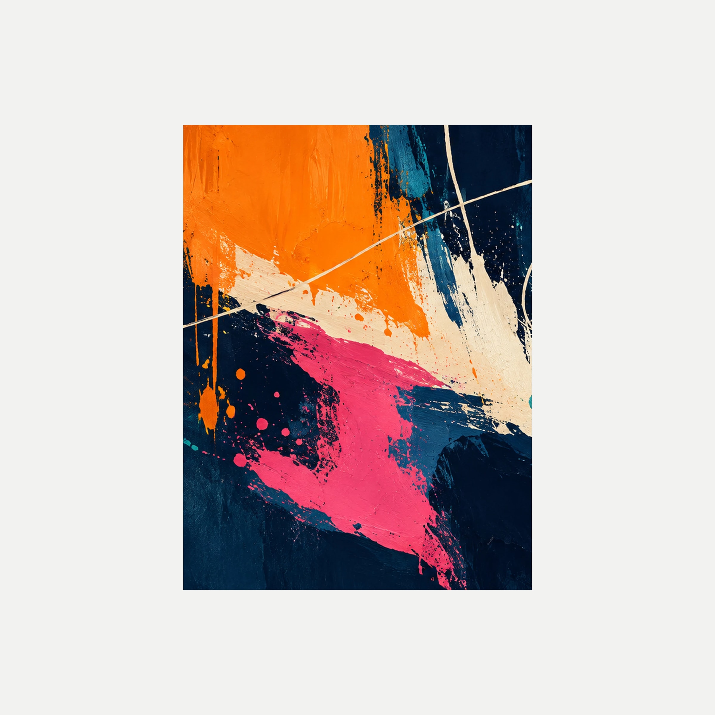 Mango And Ink I: trazos naranja, crema y rosa intenso sobre azul noche con un fino lazo claro, sin marco, sobre fondo neutro.
