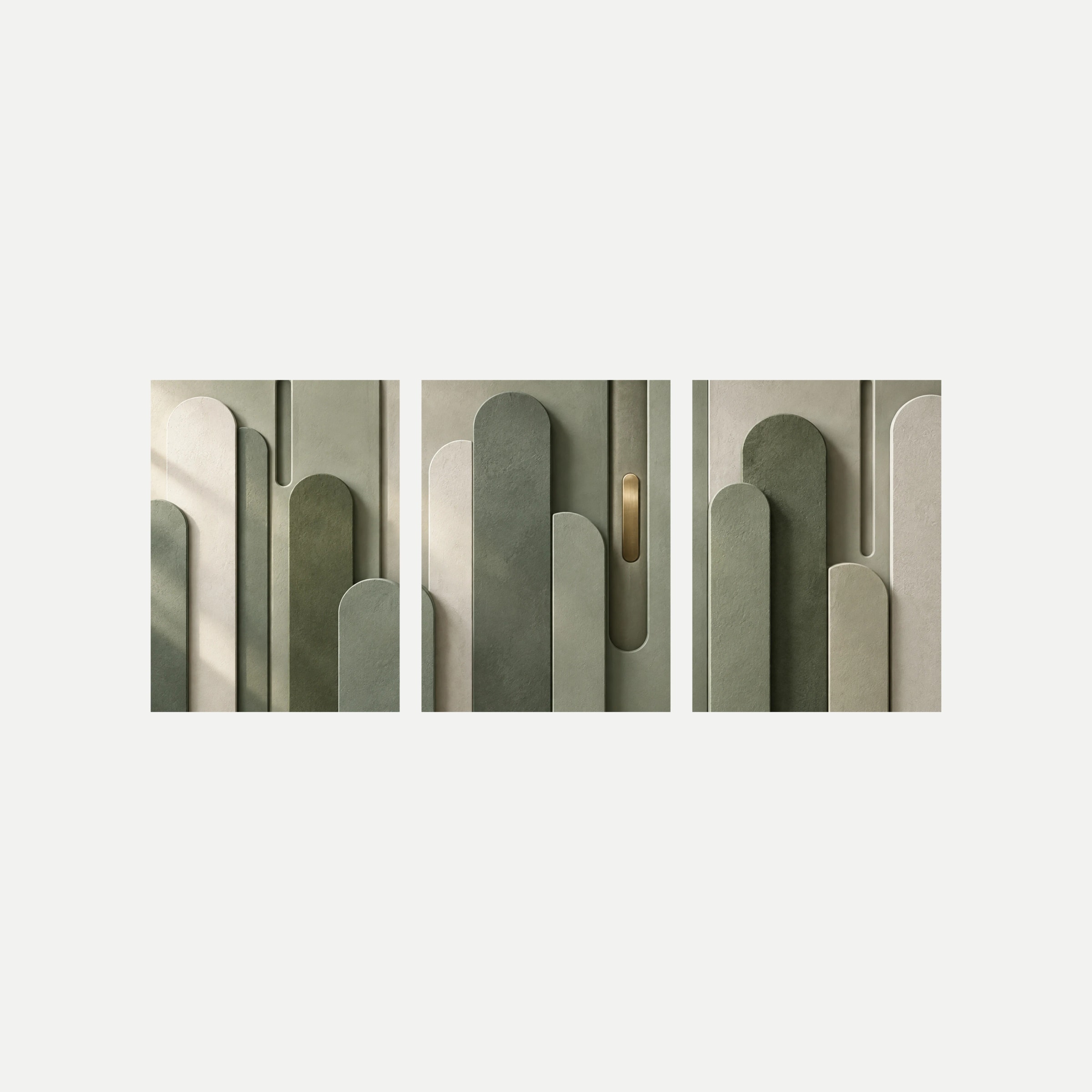 Tres paneles sobre fondo neutro con formas verticales redondeadas verde salvia, gris y crema y sombras representadas.