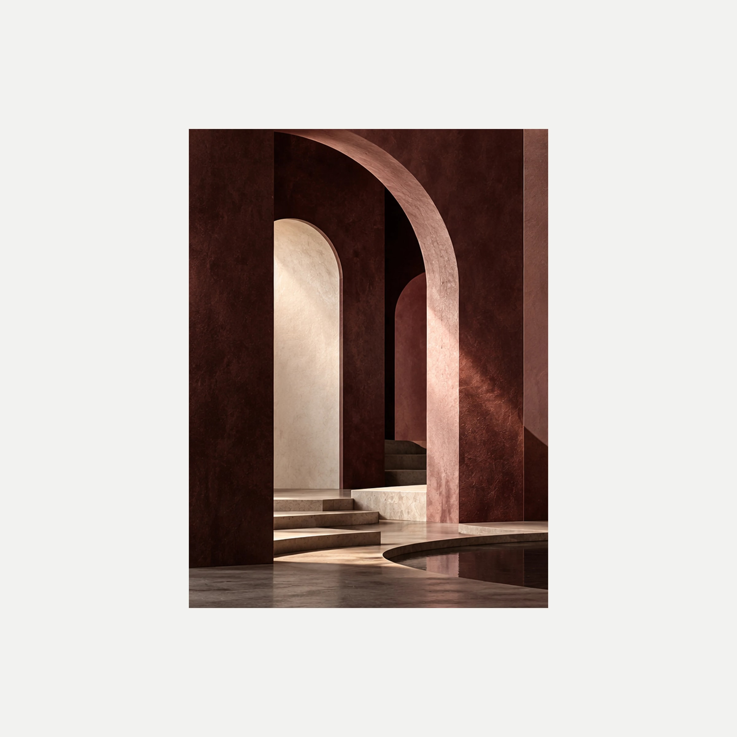 Rosewood Arch I: un arco alto burdeos sobre escalones claros en una arquitectura imaginada, sin marco, sobre fondo neutro.