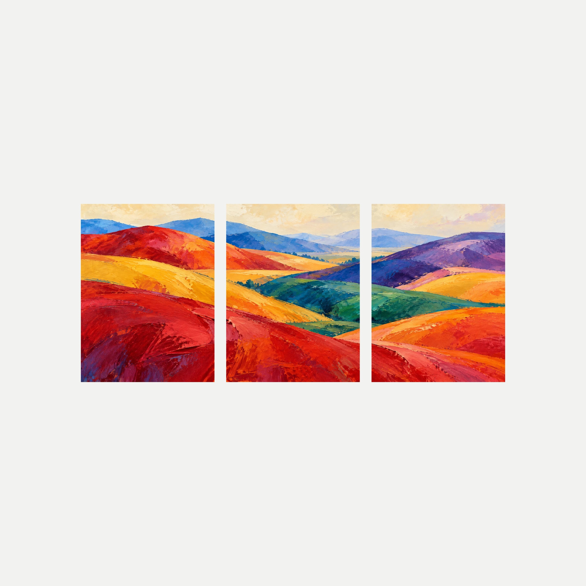 Tres paneles sobre fondo neutro con colinas rojas, naranjas, amarillas, verdes y violetas, y montañas azules al fondo.