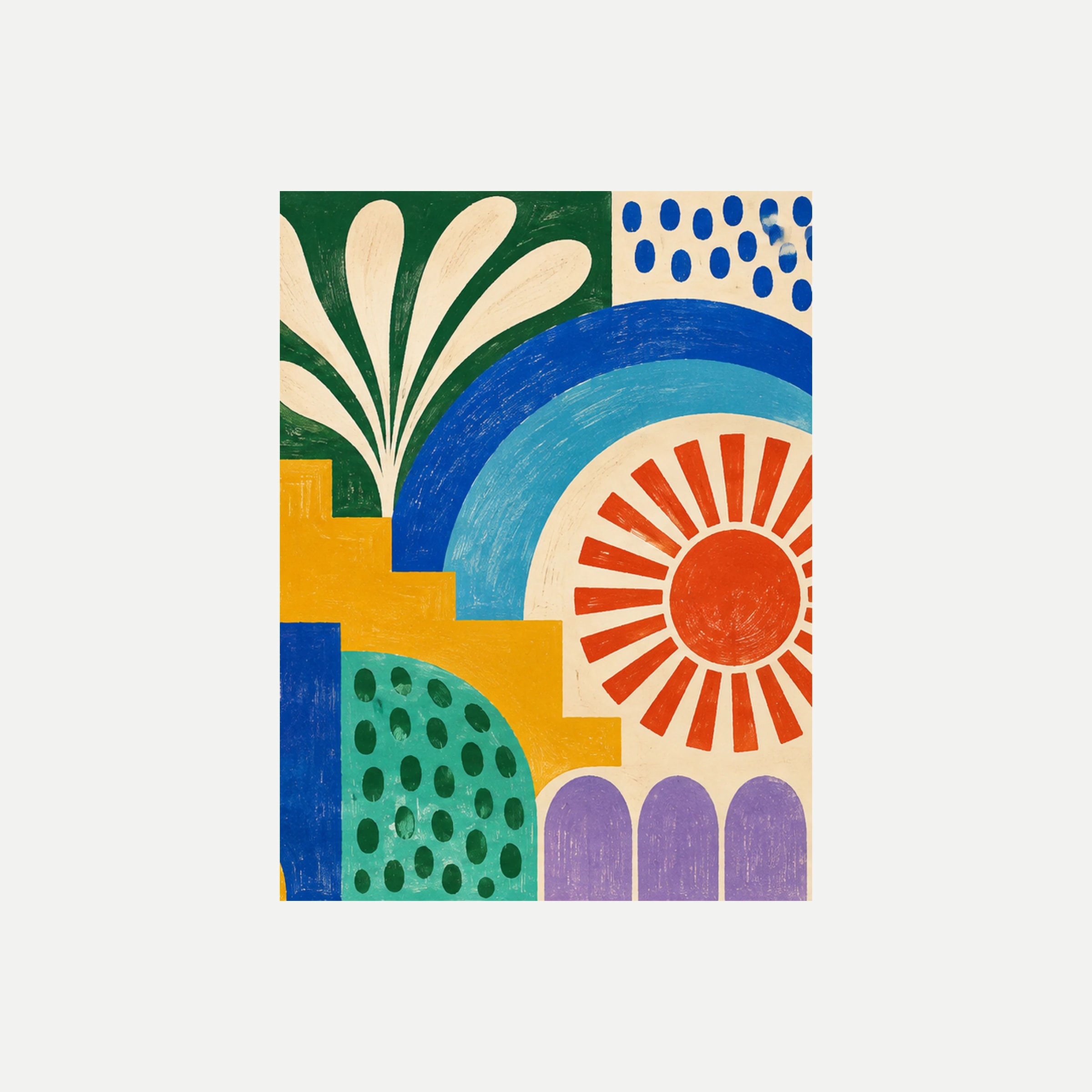Modern Folk III: un arco azul junto a un sol coral y hojas crema sobre bloques verdes y lilas, sin marco, sobre fondo neutro.