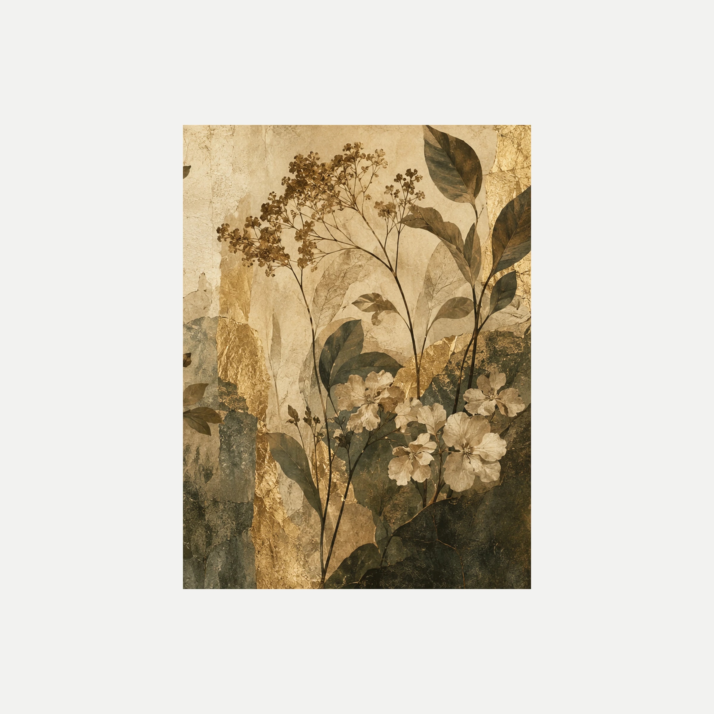Sepia Garden III: tallos de flores marrones y pequeños grupos de flores crema entre hojas verdes, sin marco, sobre fondo neutro.