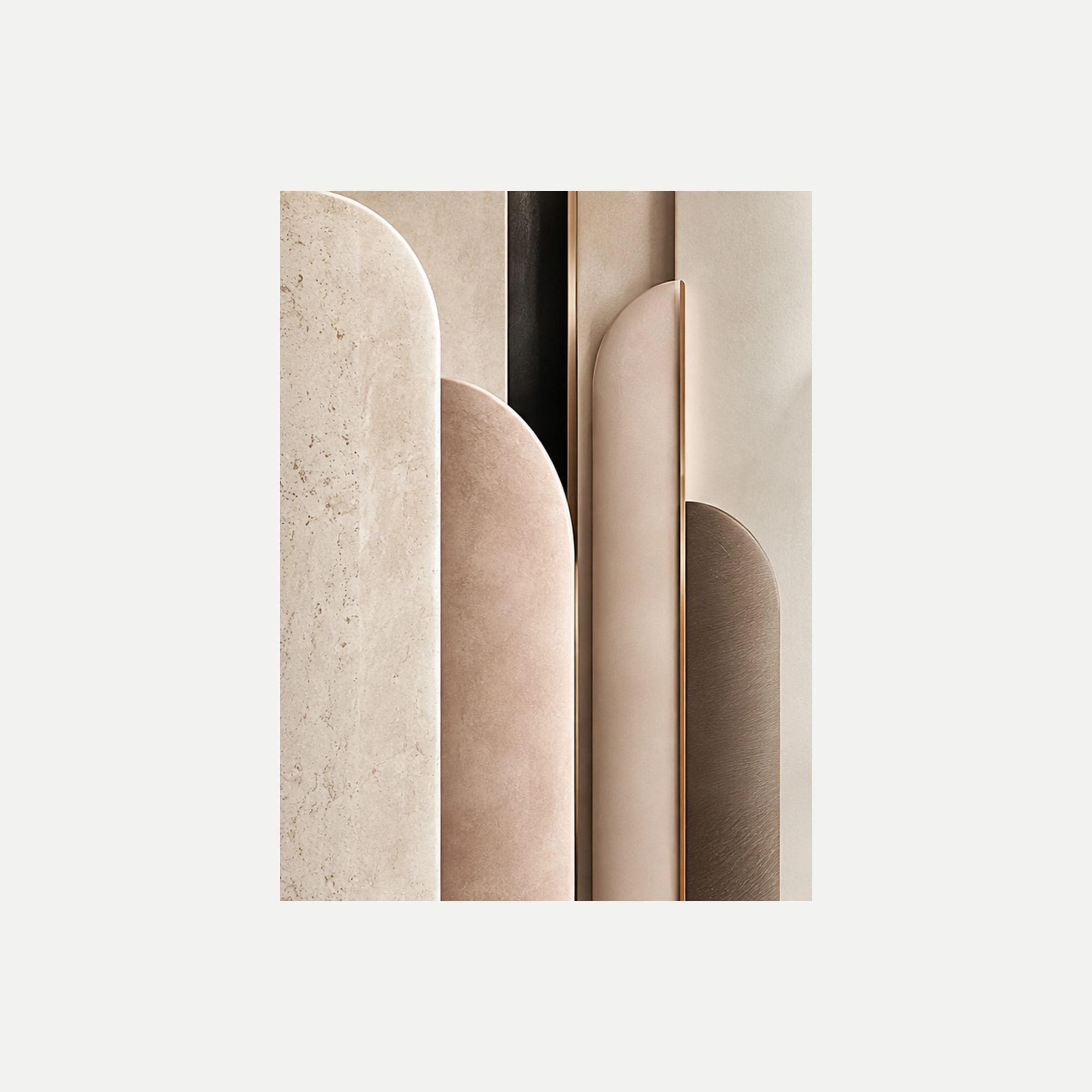 Pearl Columns I: columnas abstractas crema y beige junto a una estrecha franja negra, sin marco, sobre fondo neutro.