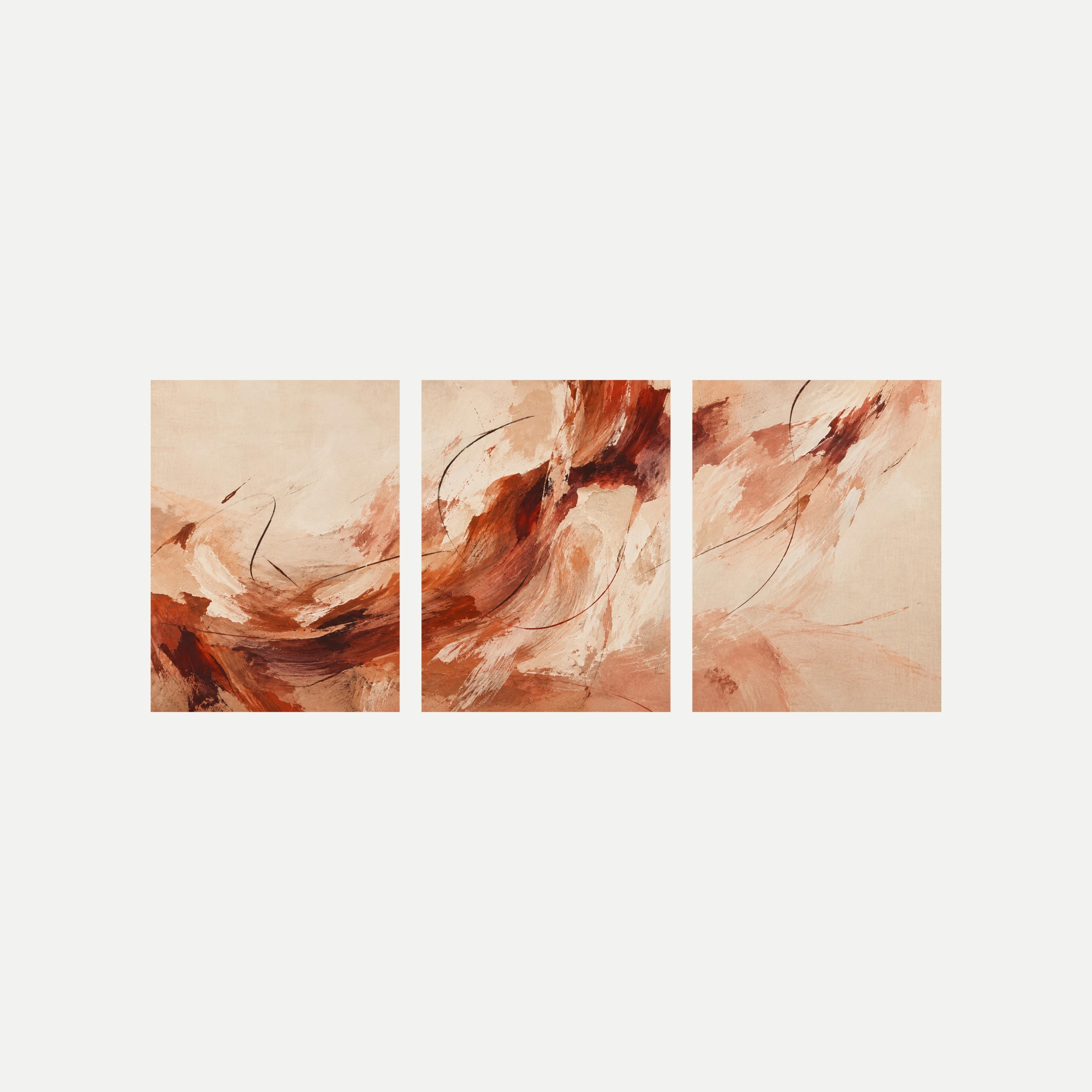 Tres láminas sobre fondo neutro con trazos abstractos diagonales de teja, arcilla y marrón sobre amplias zonas crema.