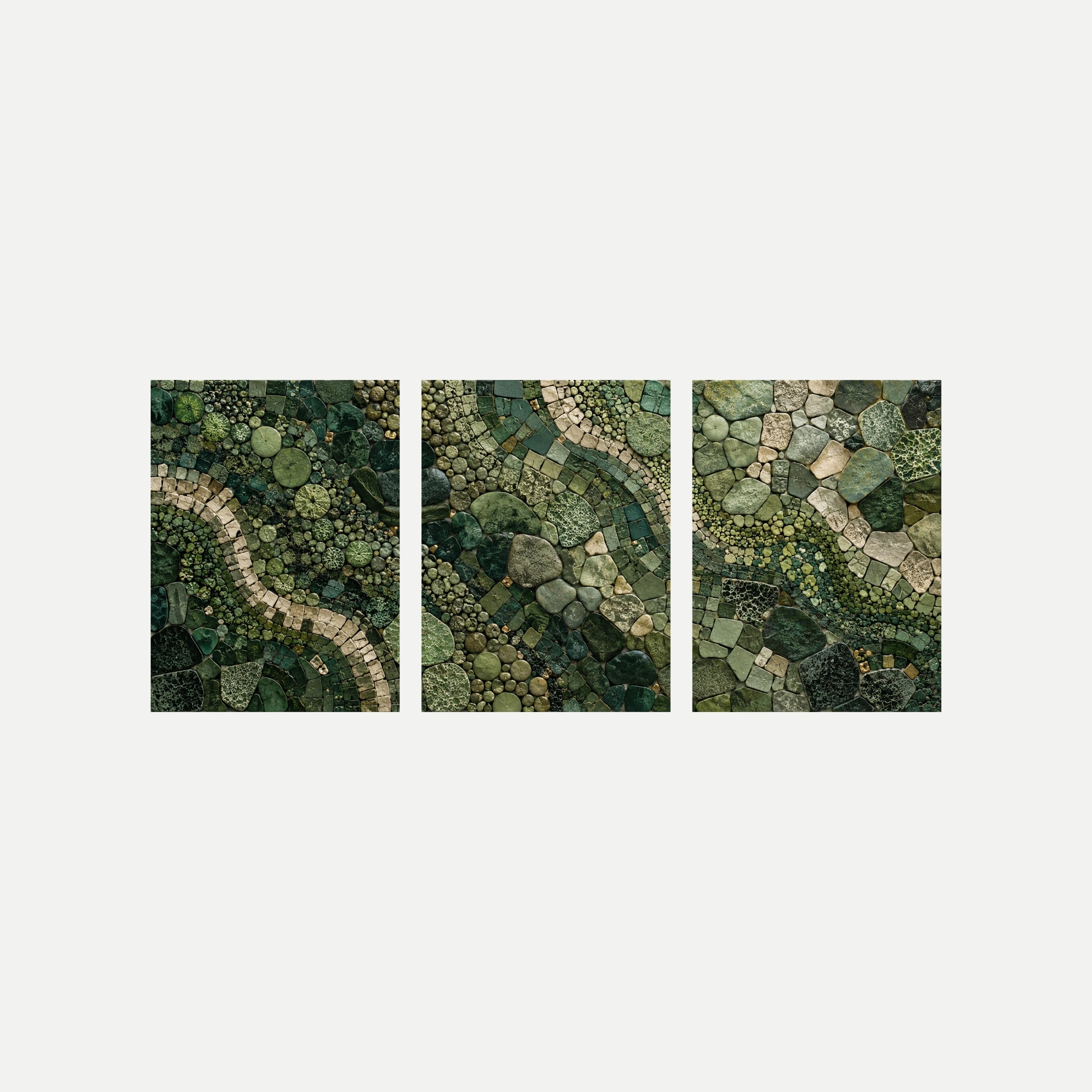 Tres paneles sobre fondo neutro con un mosaico representado de piezas verdes, grises y beige en recorridos ondulados.