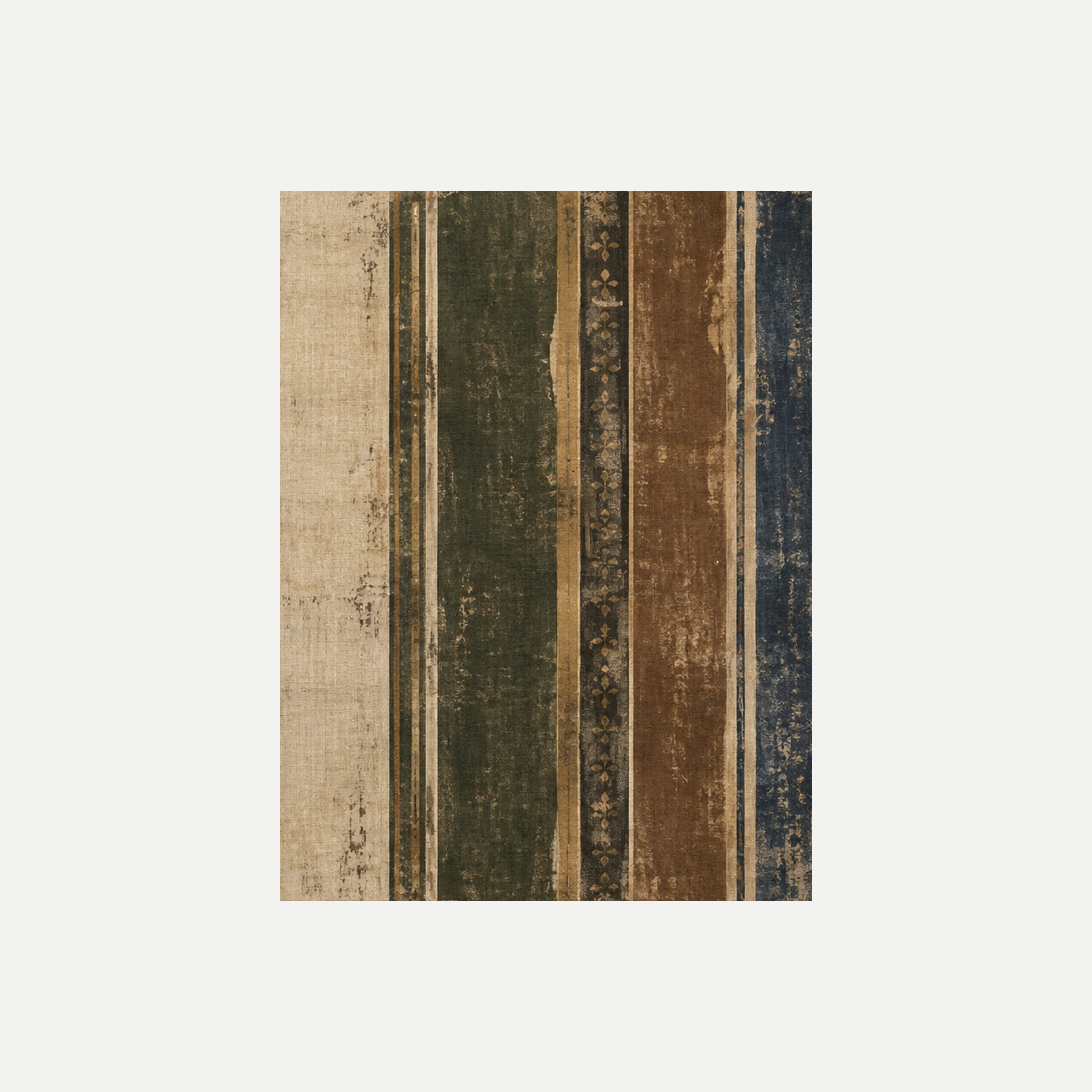 Old World Stripe III: una franja crema de motivos botánicos junto a bandas verde oliva, rojizas y azules, sin marco, sobre fondo neutro.