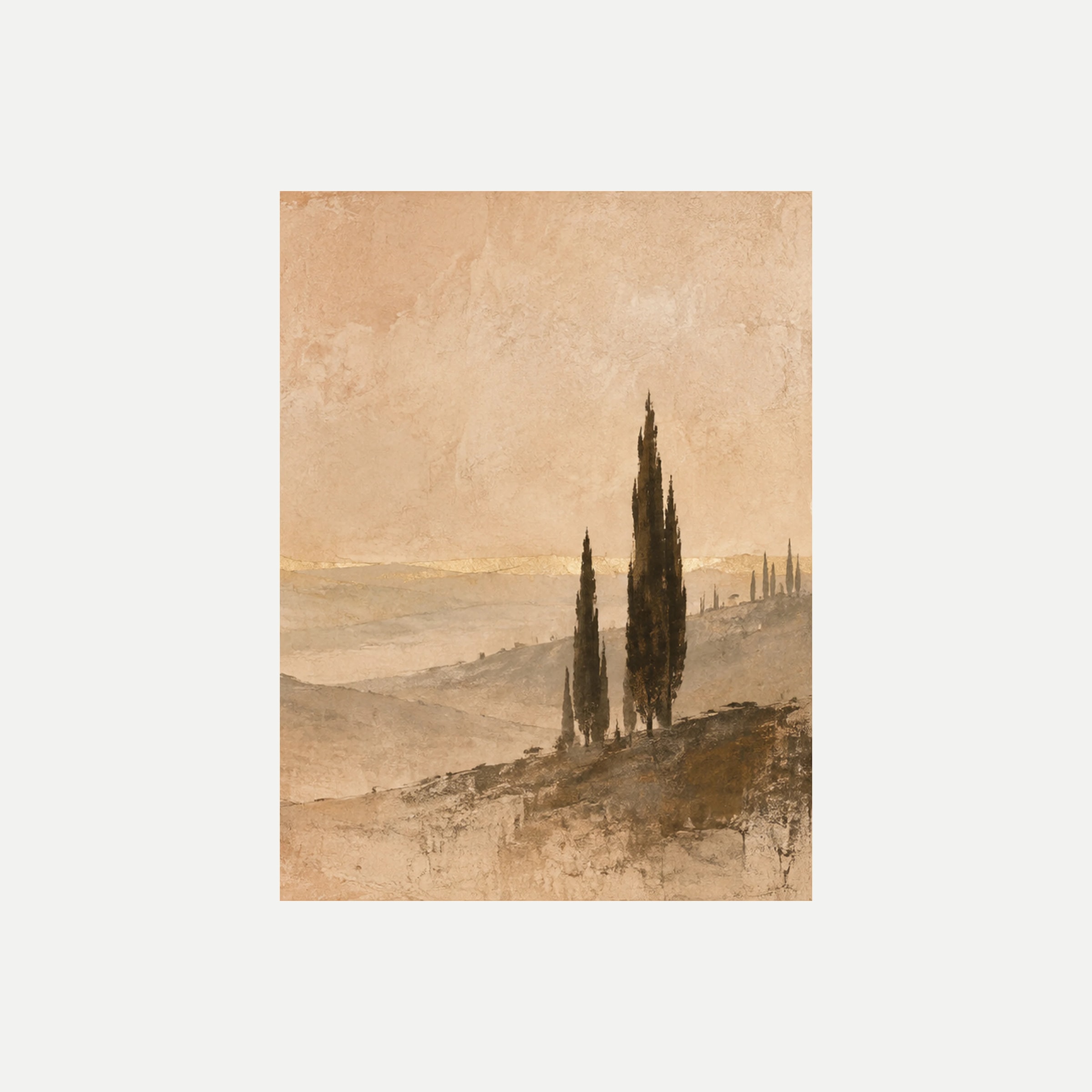 Cipreses de siena III: cipreses altos a la derecha de un valle claro con una fila de árboles lejanos, sin marco, sobre fondo neutro.