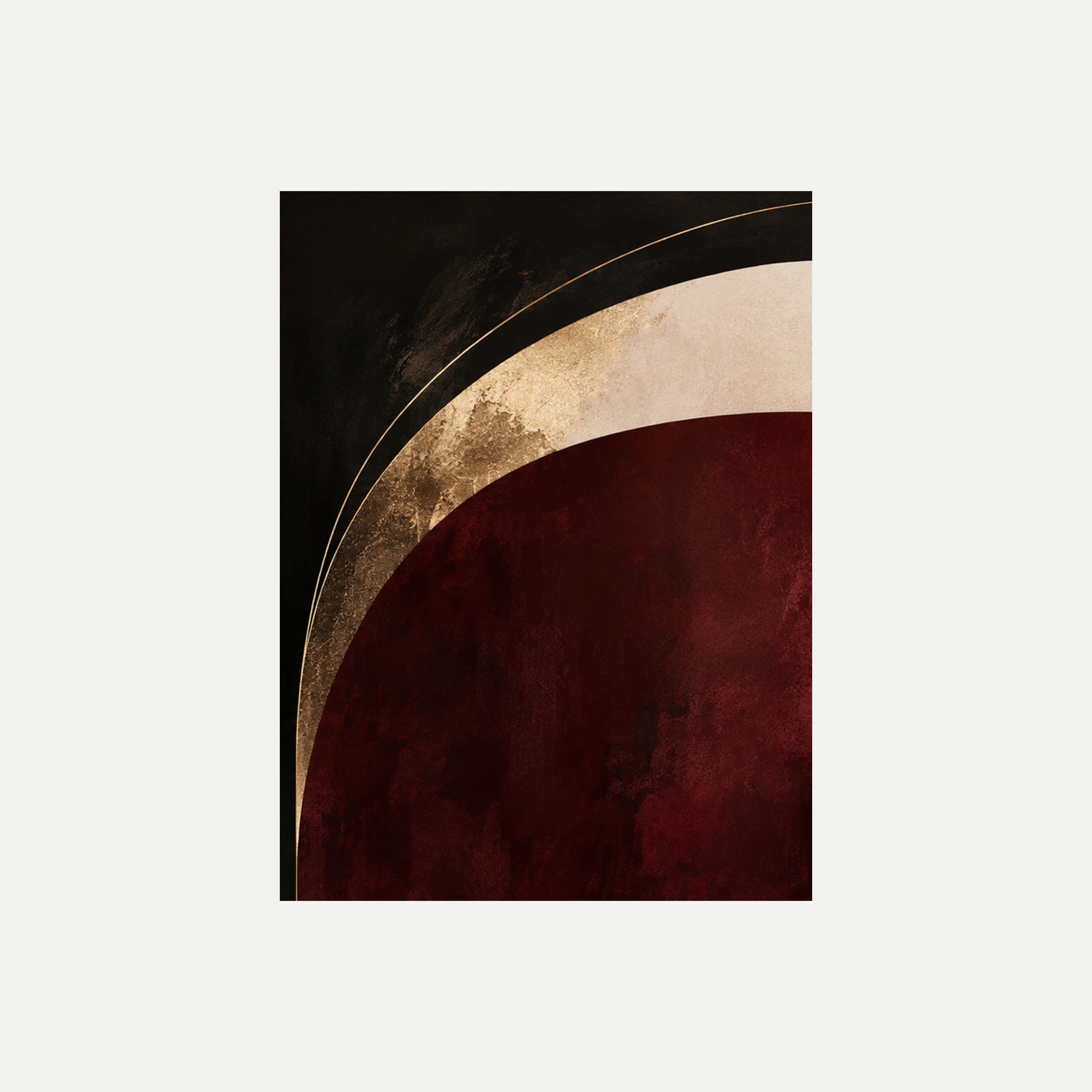 Noir Boutique III: un arco de color dorado alrededor de una gran superficie burdeos, sin marco, sobre fondo neutro.
