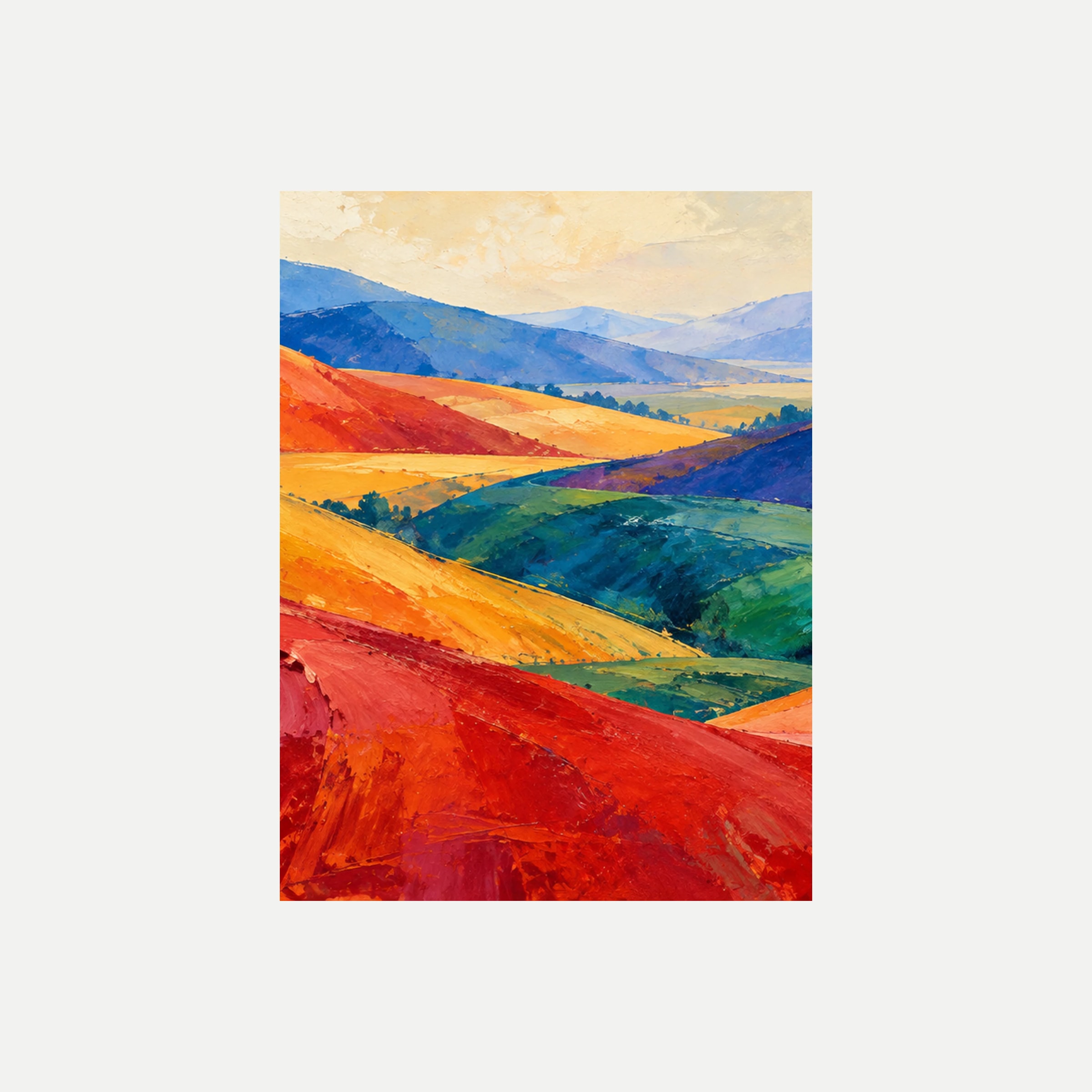 Horizonte fauvista II: una ladera roja y naranja frente a un valle verde y montañas azules lejanas, sin marco, sobre fondo neutro.