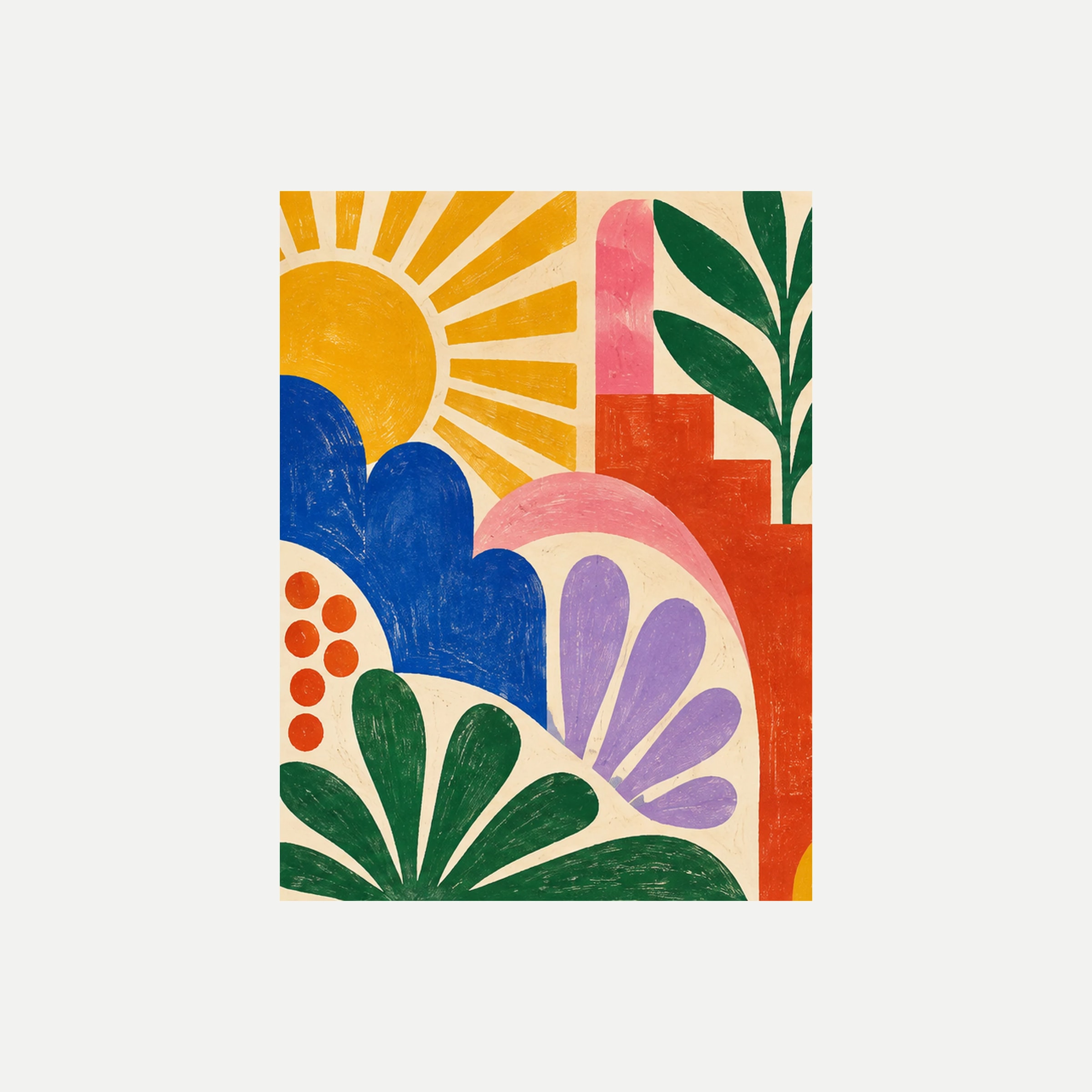 Modern Folk I: un sol amarillo entre formas azules festoneadas, pétalos lilas y hojas verdes, sin marco, sobre fondo neutro.