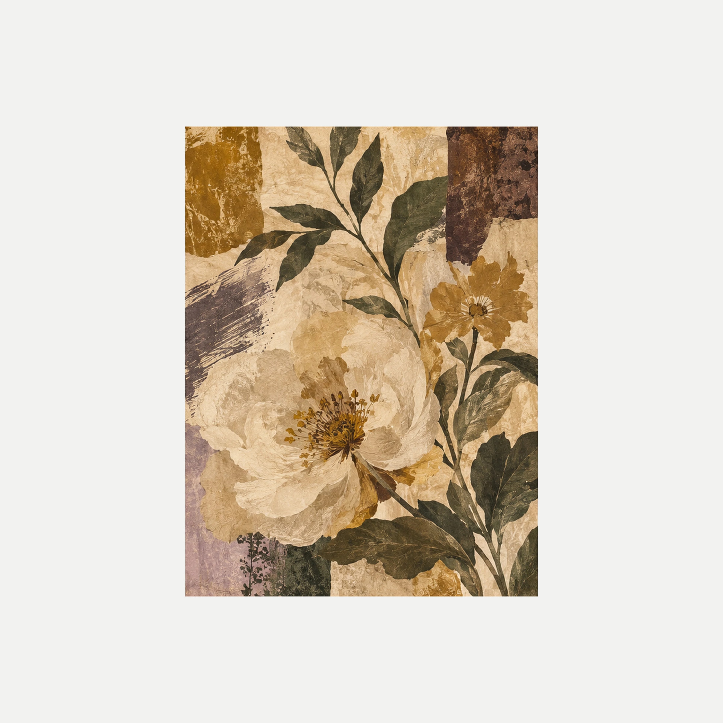 Ephemera Bloom III: una gran flor crema de centro marrón junto a tallos verdes y bloques mostaza, sin marco, sobre fondo neutro.