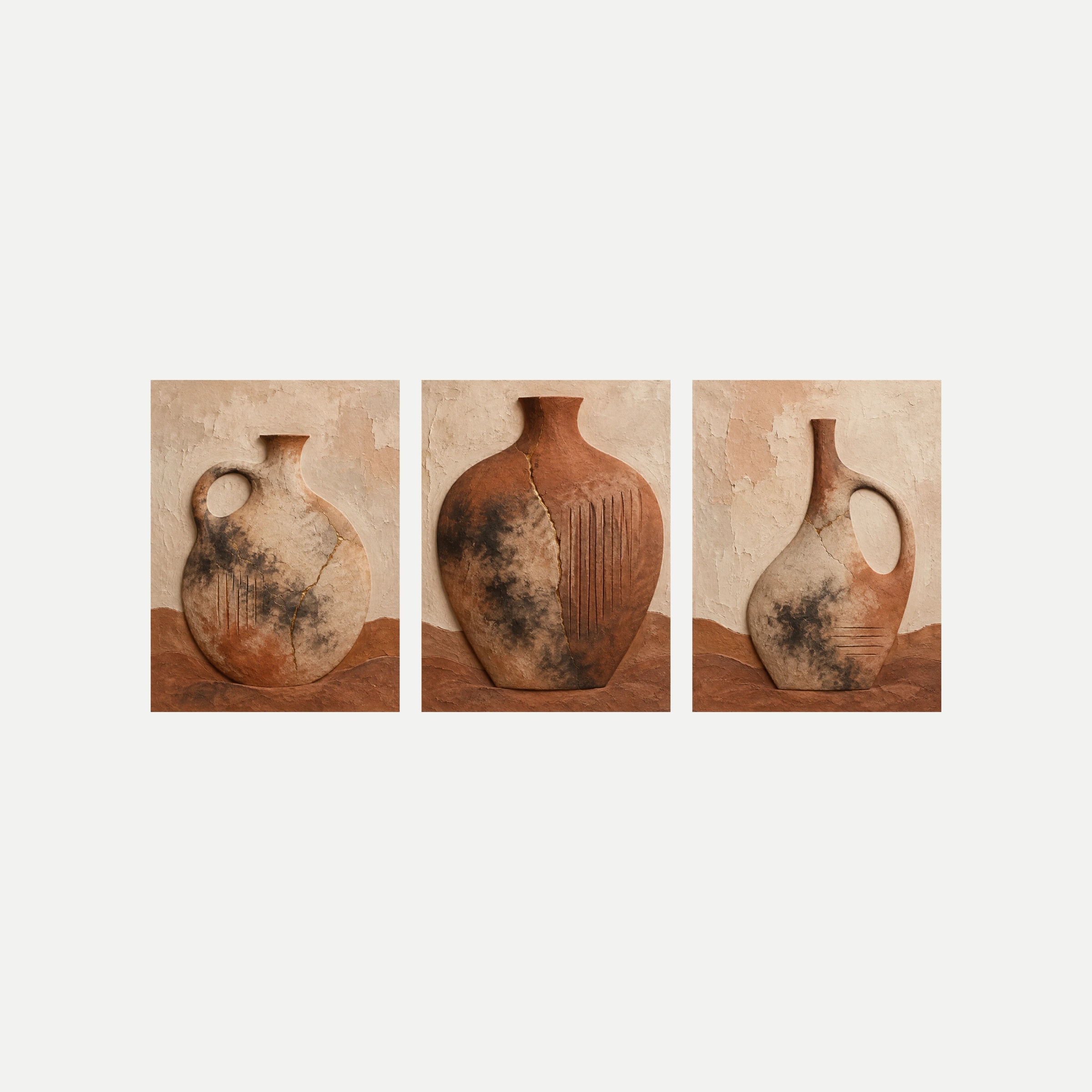 Tres paneles sobre fondo neutro con vasijas de distintos perfiles y asas, en tonos crema, terracota y marrón, sobre superficies cálidas.