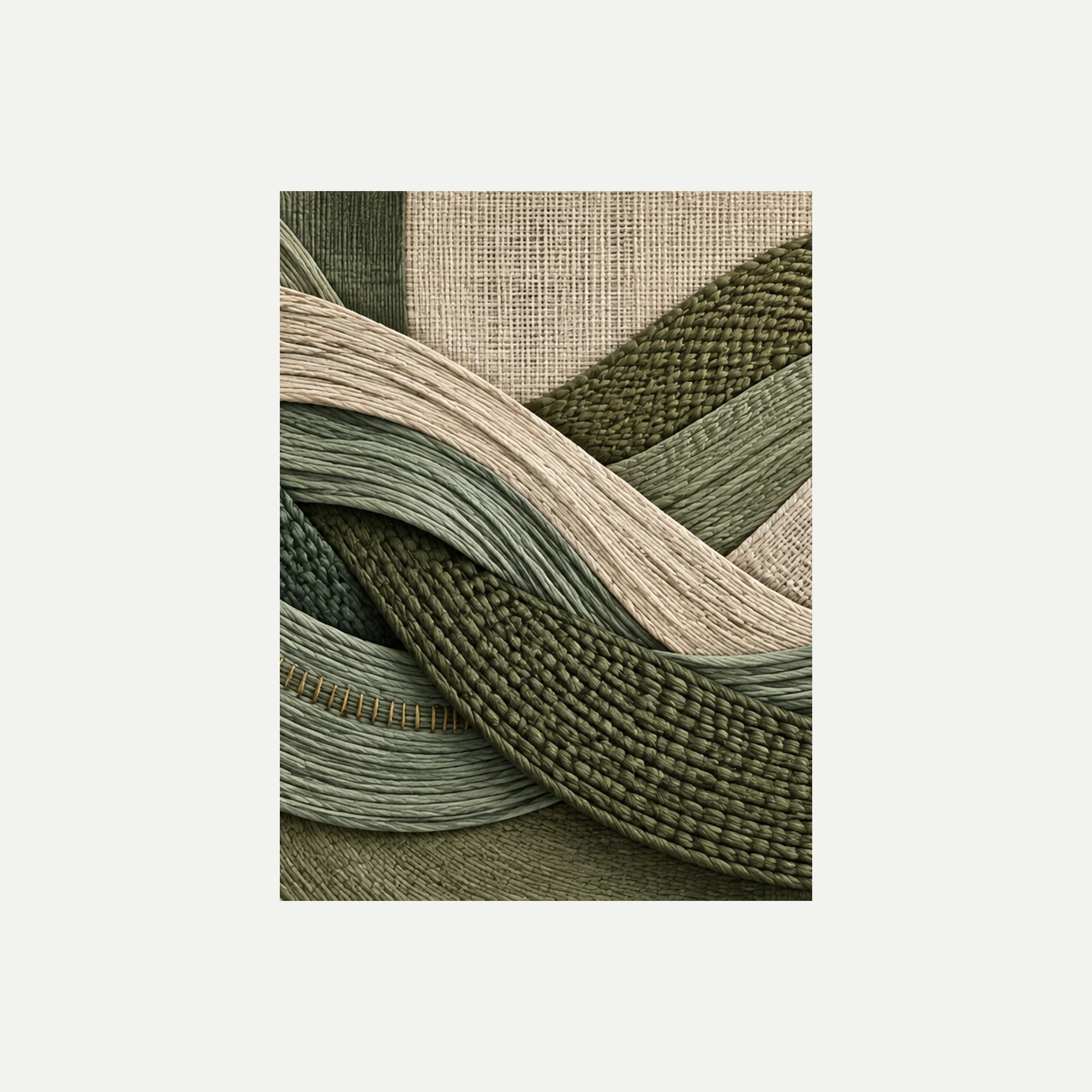 Eucalyptus Weave II: bandas crema y verde que se cruzan en una amplia diagonal, sin marco, sobre fondo neutro.