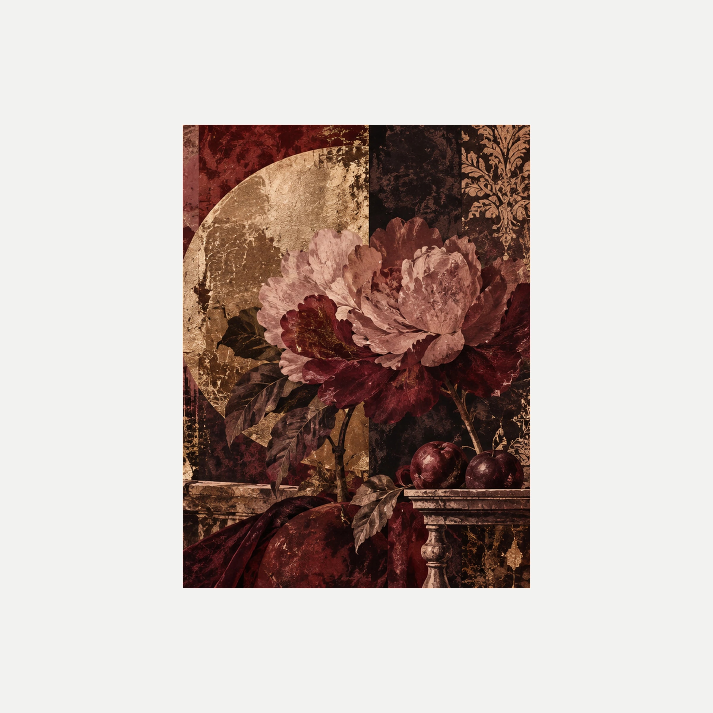 Bordeaux Press III: una gran flor rosa entre hojas burdeos sobre una forma circular clara y rojos oscuros, sin marco, sobre fondo neutro.