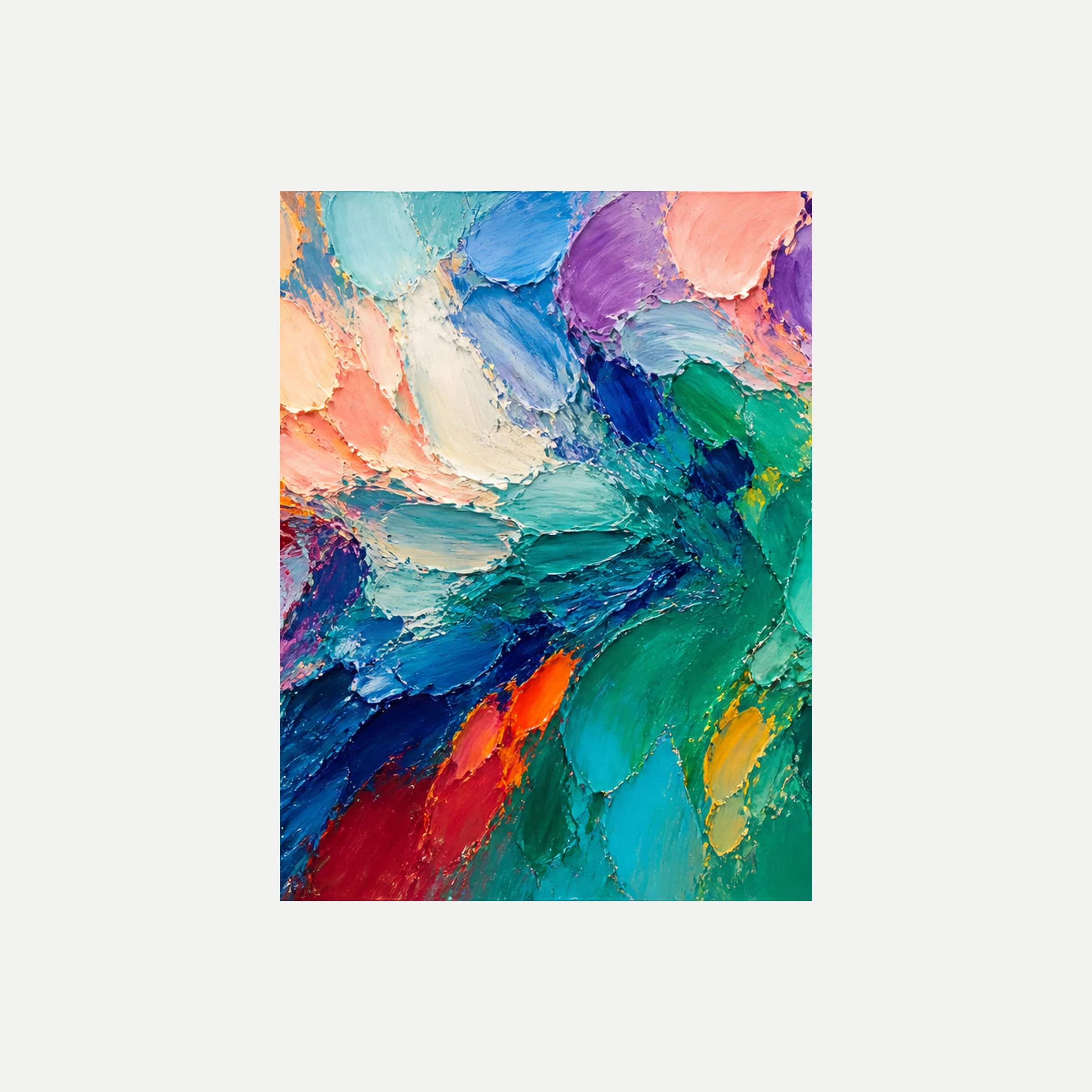 Impasto Atelier II: un remolino de trazos turquesas y azules entre zonas melocotón y lilas, sin marco, sobre fondo neutro.