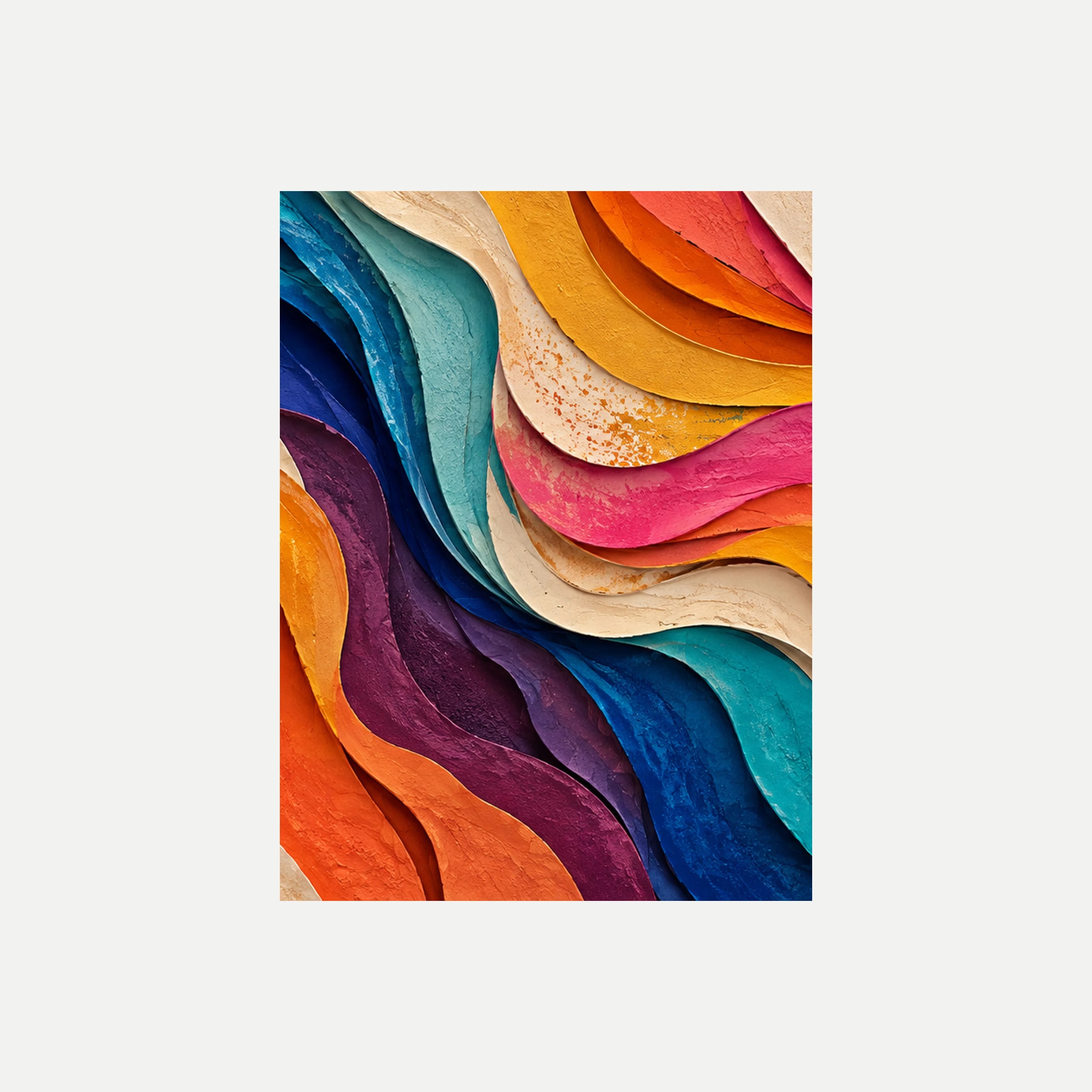 Carnival Strata II: ondas naranjas y rosas sobre capas crema, turquesas y violetas entrelazadas, sin marco, sobre fondo neutro.