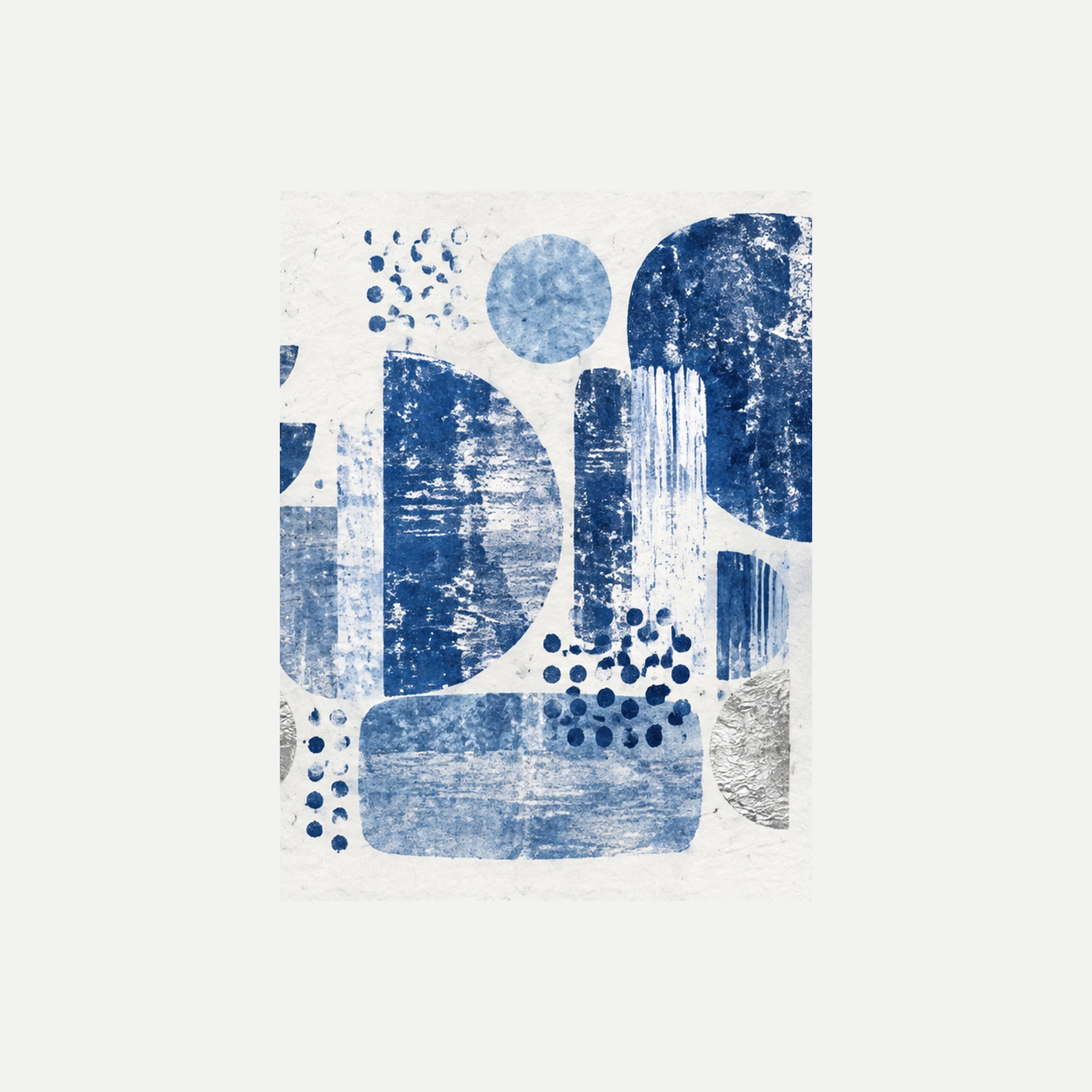 Indigo Imprint III: bloques redondeados azules, círculos pequeños y grupos de puntos, sin marco, sobre fondo neutro.