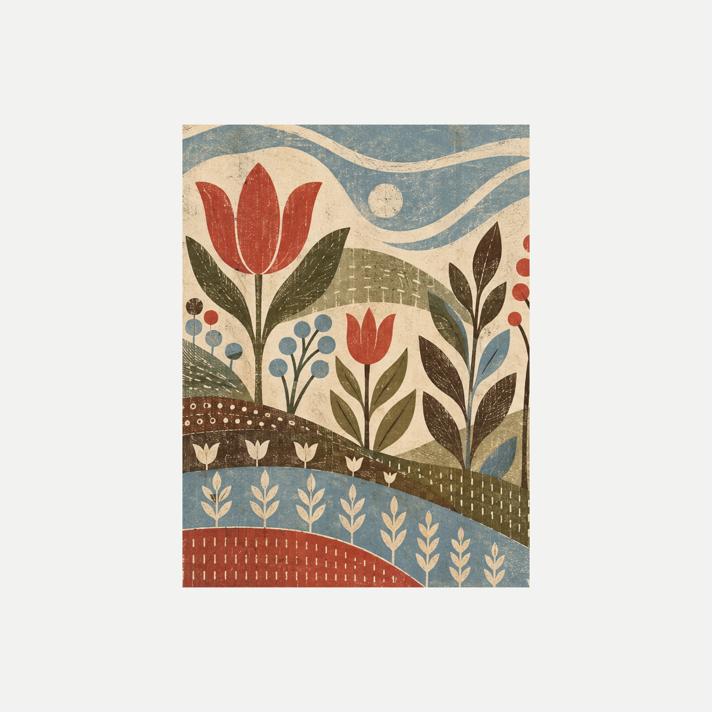 Soft Folk I: una flor roja de gran tamaño entre hojas oliva y bandas onduladas azules y crema, sin marco, sobre fondo neutro.