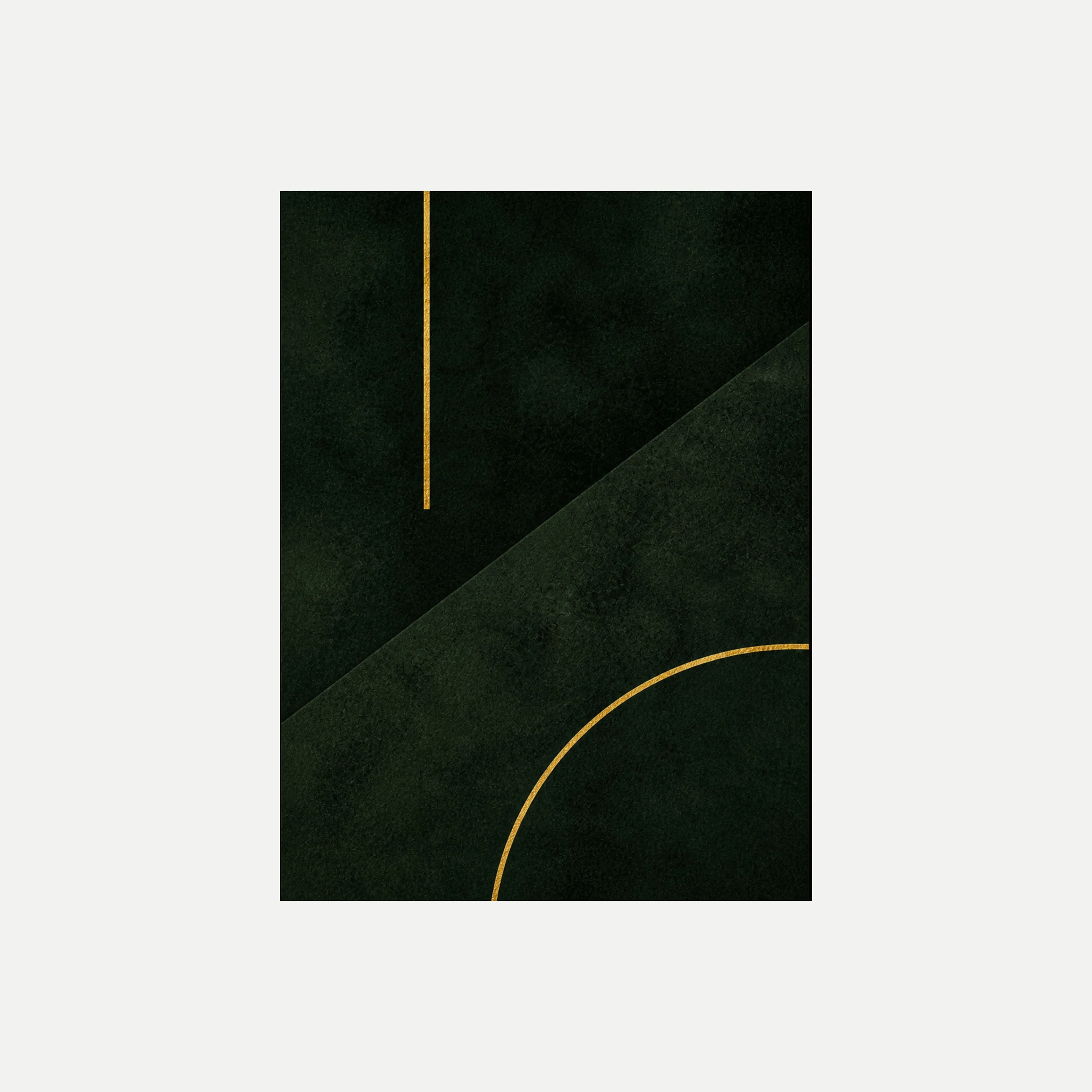 Kintsugi Axis III: una diagonal verde con una línea vertical y un arco cálido, sin marco, sobre fondo neutro.