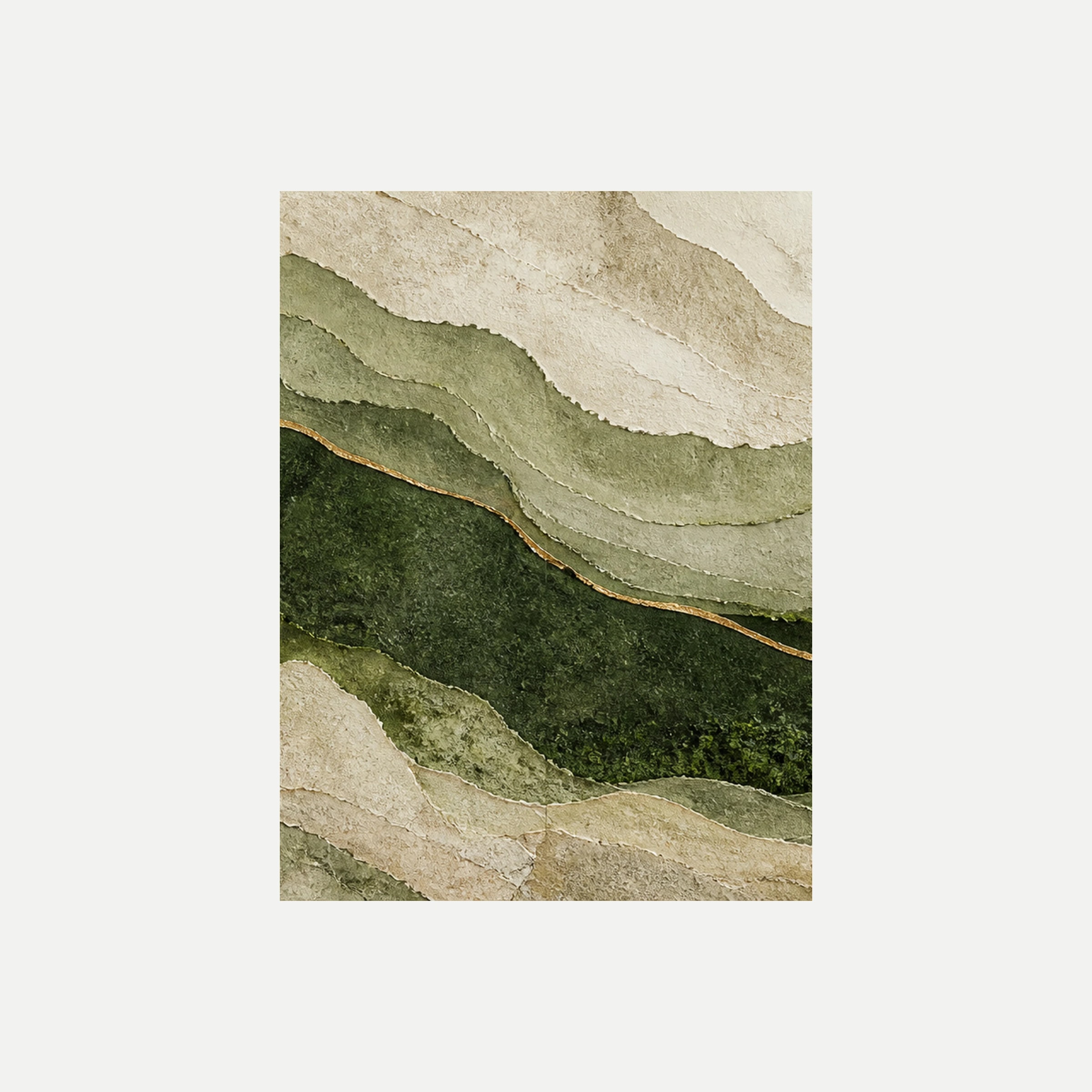 Mosslight Strata II: capas salvia y verde oscuro que descienden en diagonal, sin marco, sobre fondo neutro.