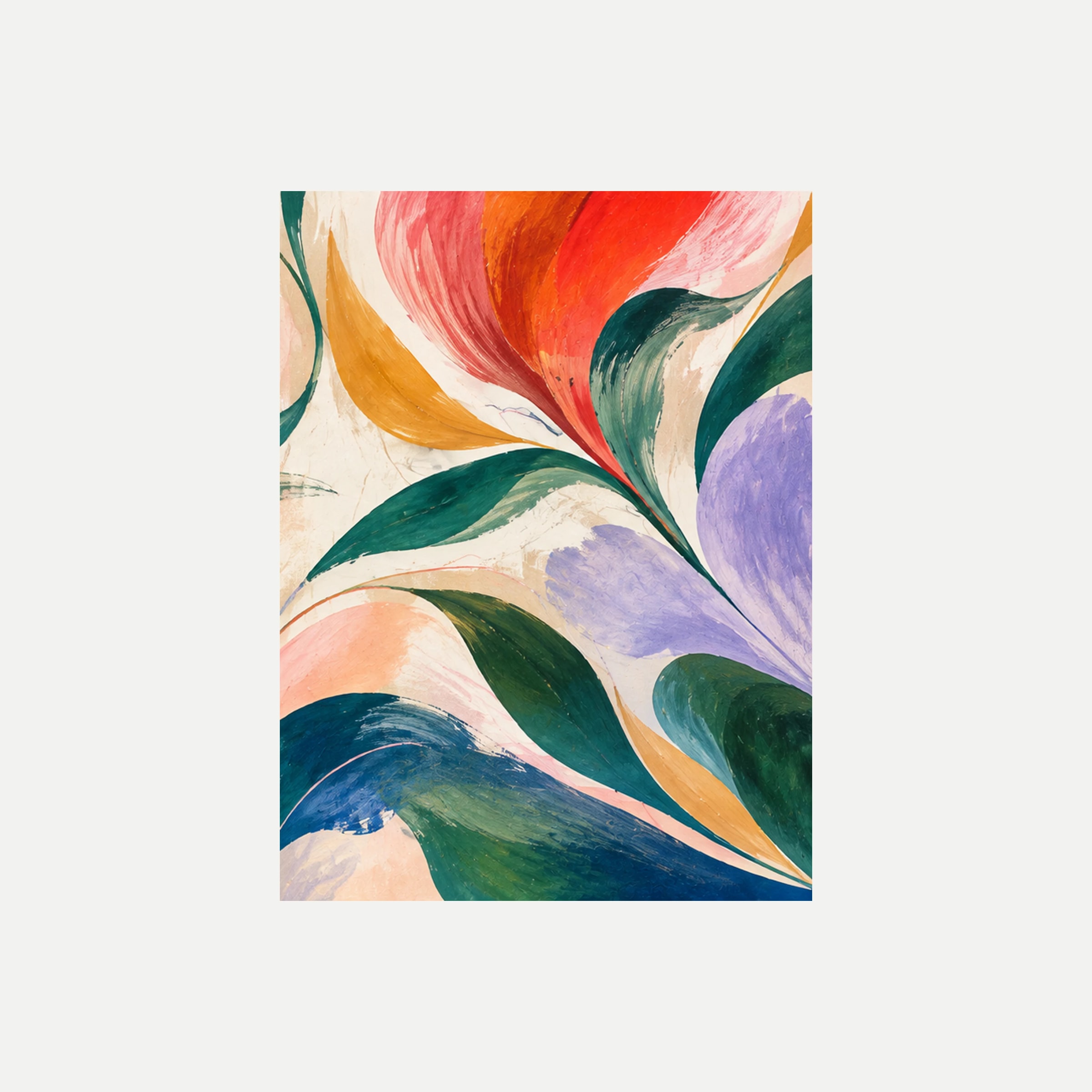 Herbario eléctrico III: un pétalo naranja y coral entre hojas verdes puntiagudas y formas lilas y azules, sin marco, sobre fondo neutro.