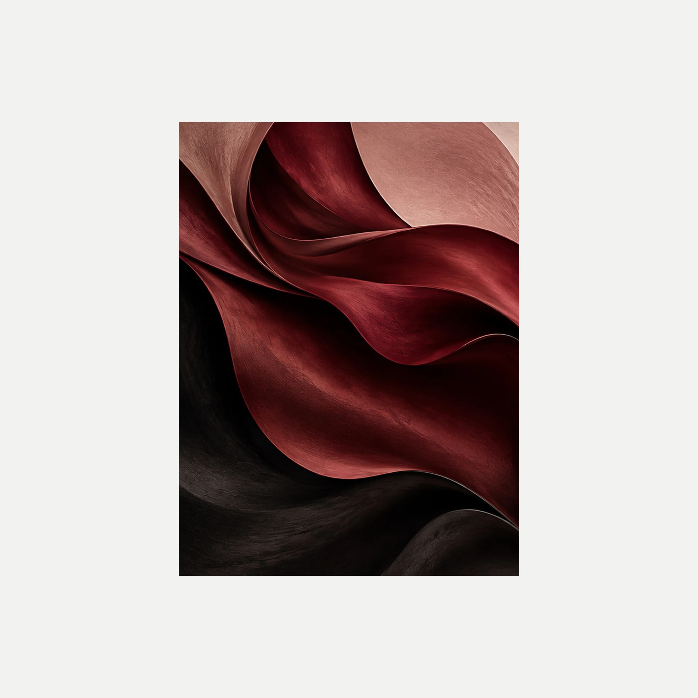 Rouge Silk I: pliegues burdeos profundos que se cruzan sobre sombras negras, sin marco, sobre fondo neutro.