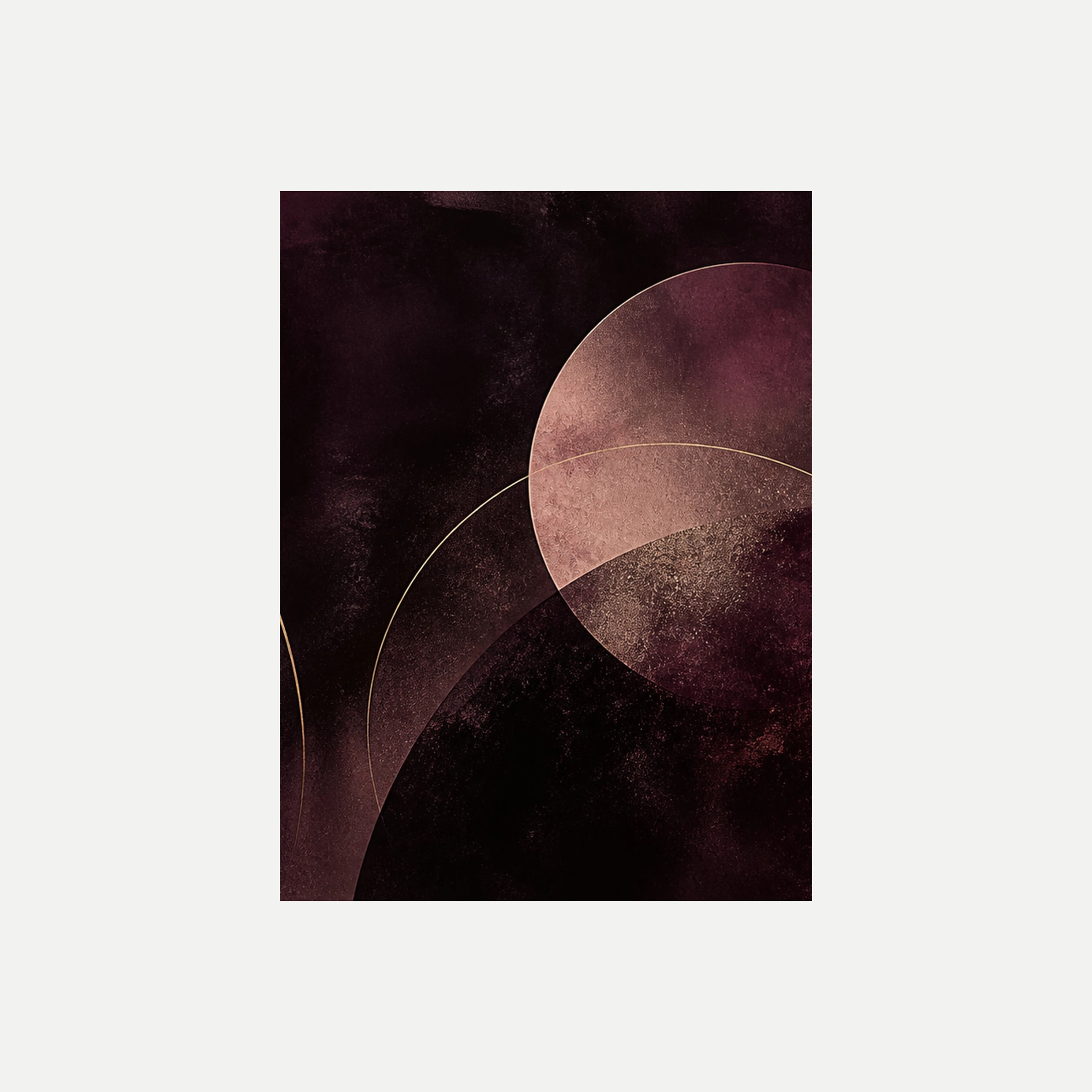 Velvet Moon II: dos círculos rosa apagado y granate sobre un fondo oscuro, sin marco, sobre fondo neutro.