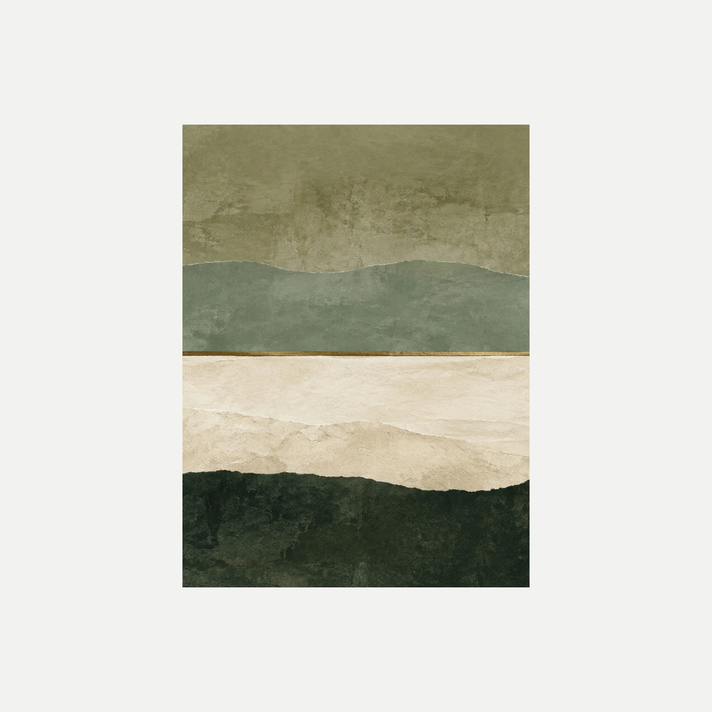 Olive Horizon I: franjas horizontales oliva y crema sobre una base verde oscura, sin marco, sobre fondo neutro.