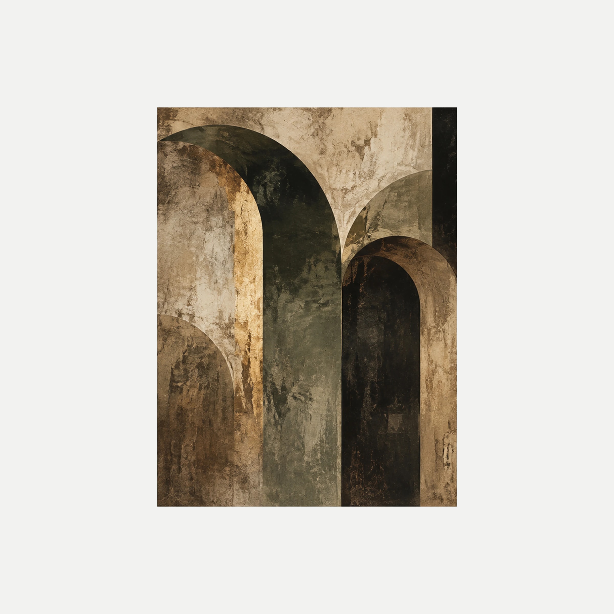 Antiquarian Arch I: arcos altos color crema alrededor de aberturas oscuras en tonos oliva y marrón, sin marco, sobre fondo neutro.