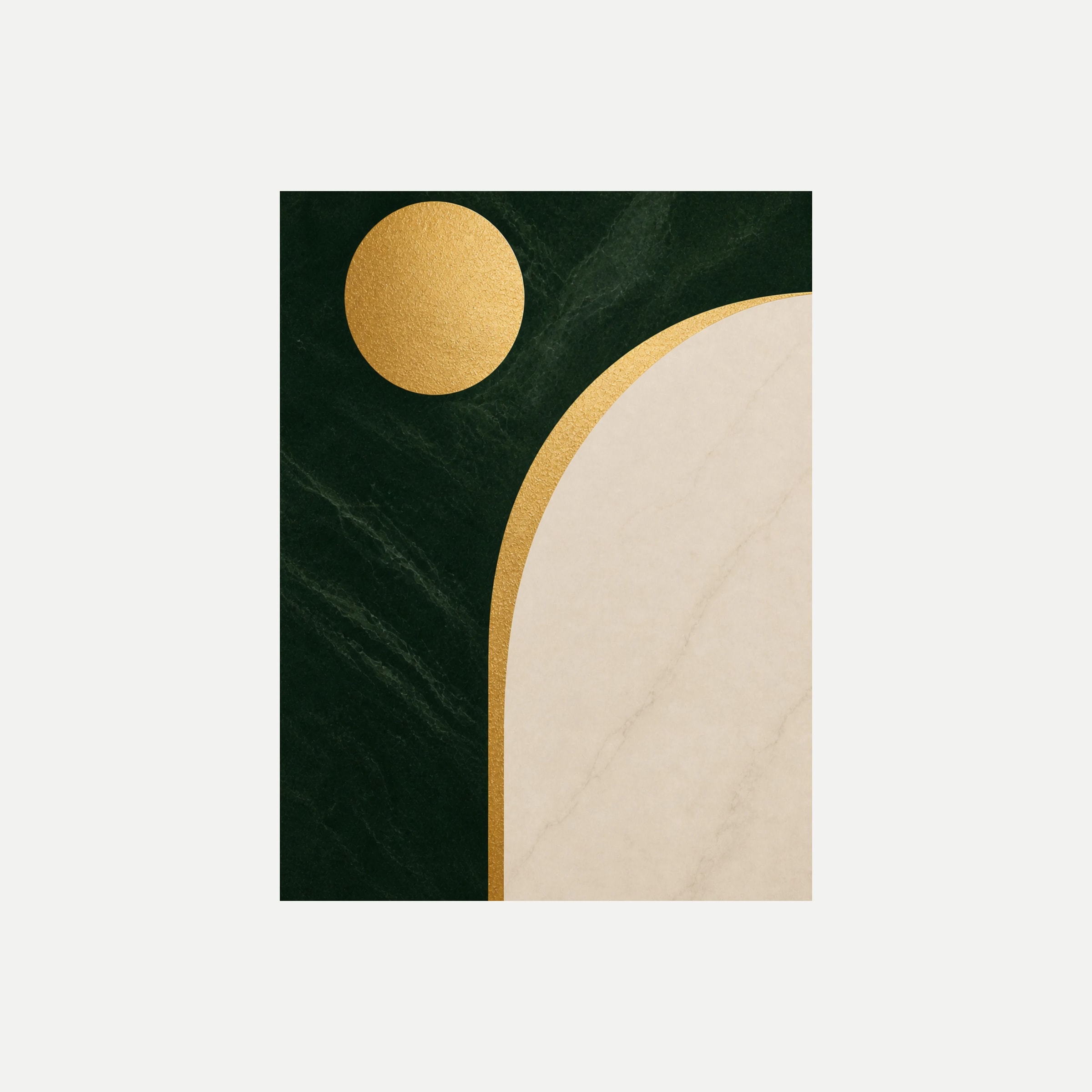 Architect's Orbit III: un círculo de tono dorado sobre verde oscuro junto a un arco claro, sin marco, sobre fondo neutro.