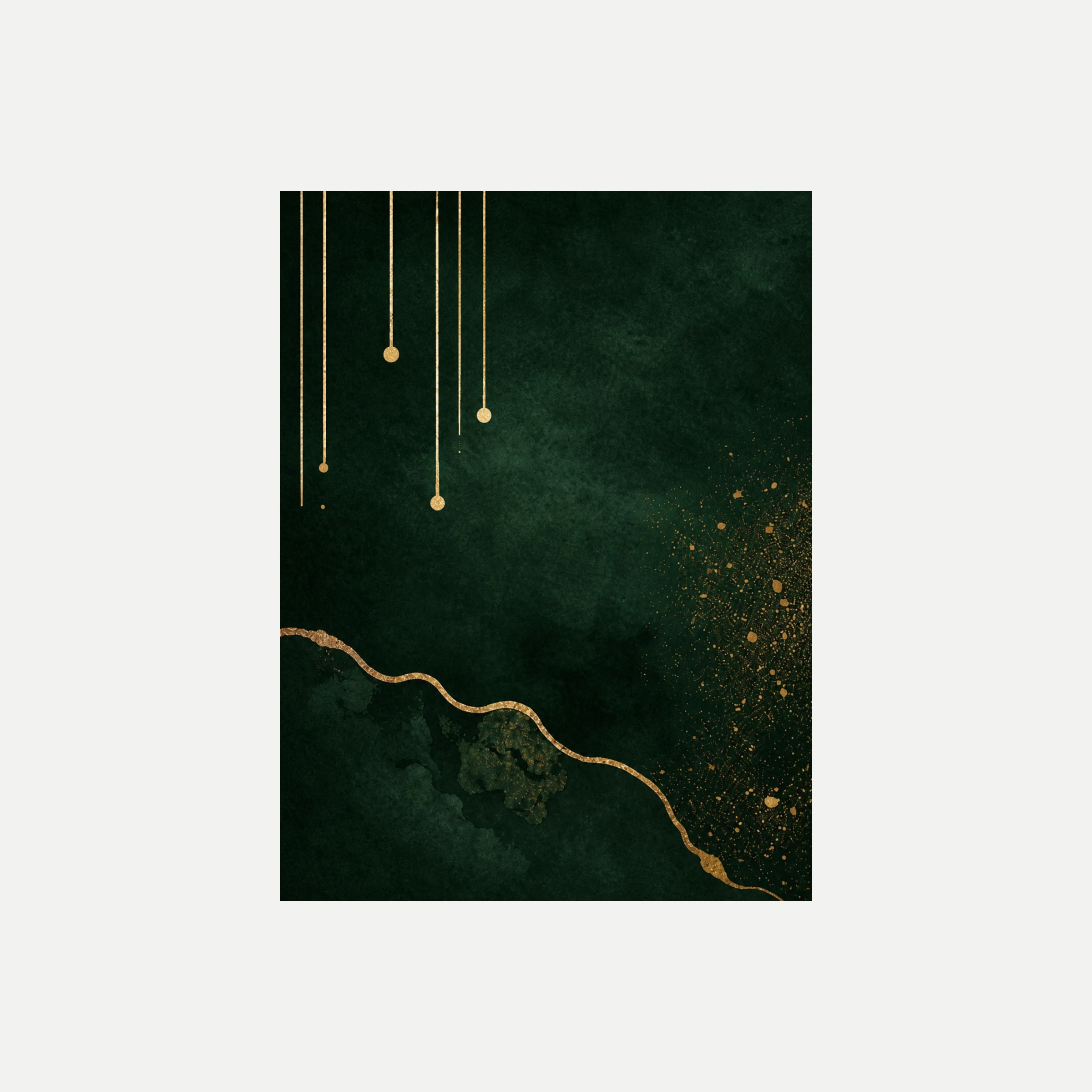 Gilded Eclipse I: líneas verticales de tono dorado y una curva fina sobre verde oscuro, sin marco, sobre fondo neutro.